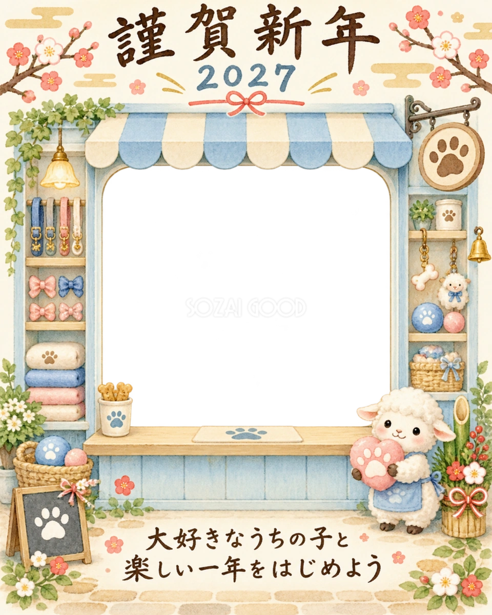 縦長のペット小物のお店のペット写真年賀状 縦長のペット小物のお店のペット写真年賀状
