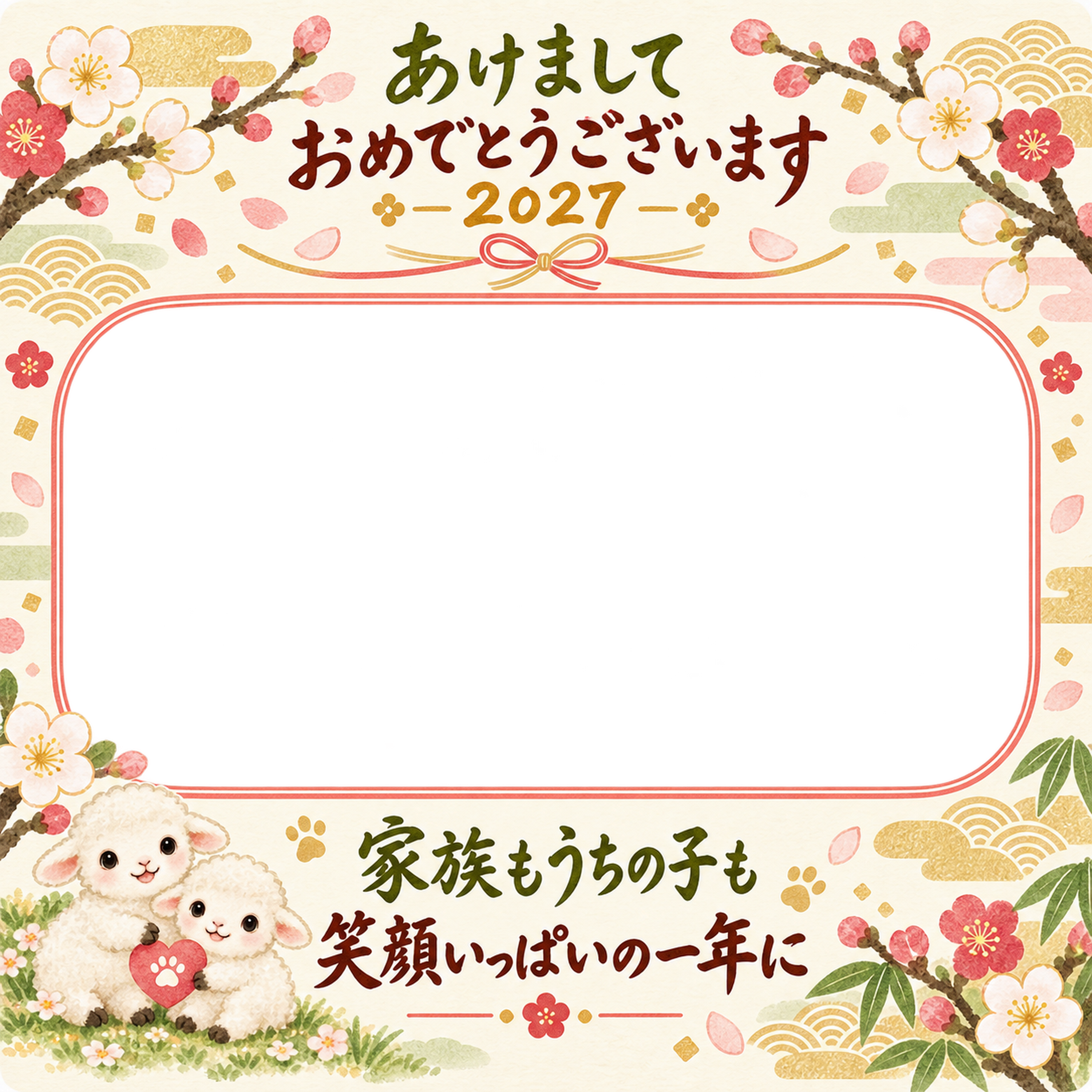 紅白梅の家族写真 家族とペットの写真年賀状 無料イラスト素材 98815に写真・文字を入れる