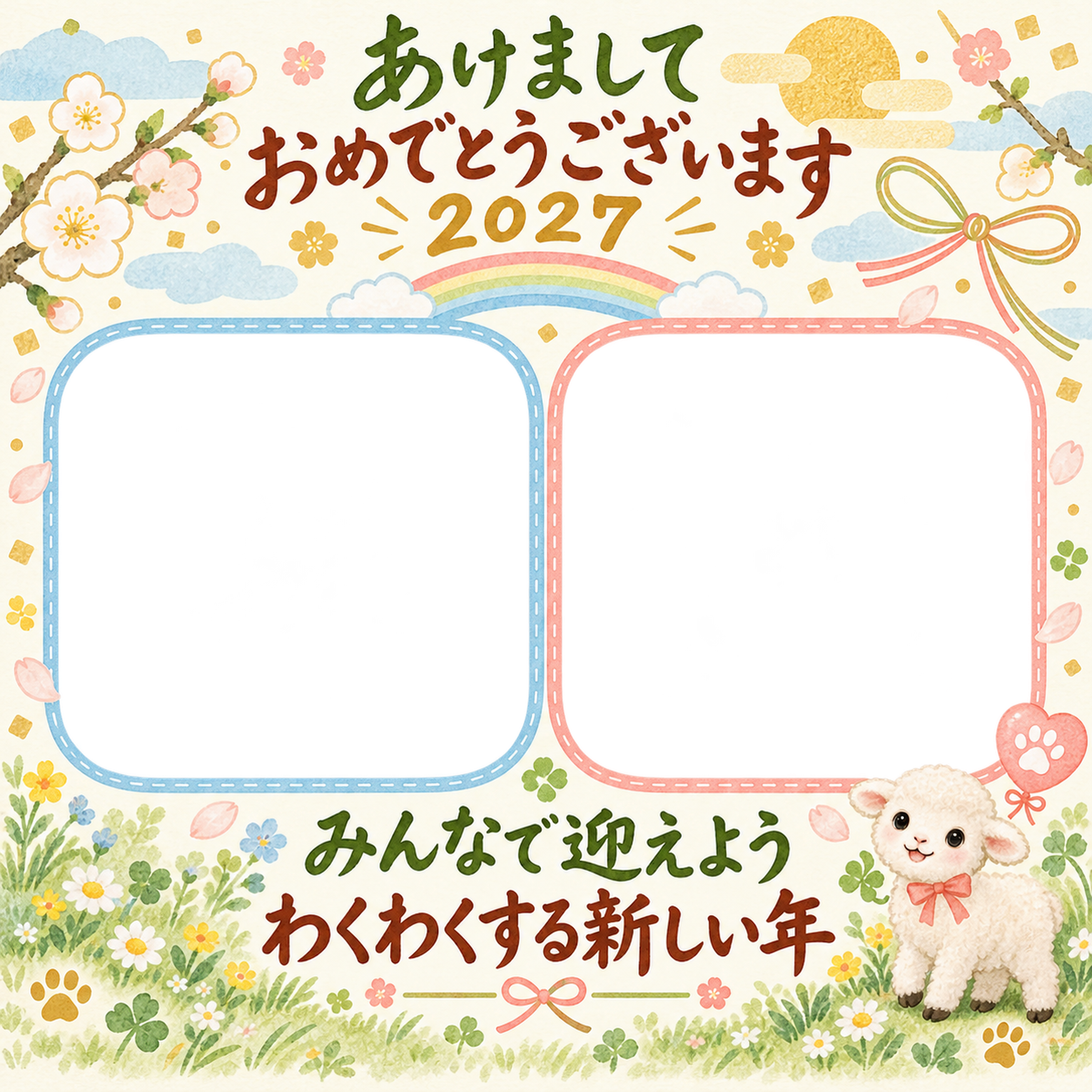 虹でつながる二枚の写真 家族とペットの写真年賀状 無料イラスト素材 98816に写真・文字を入れる