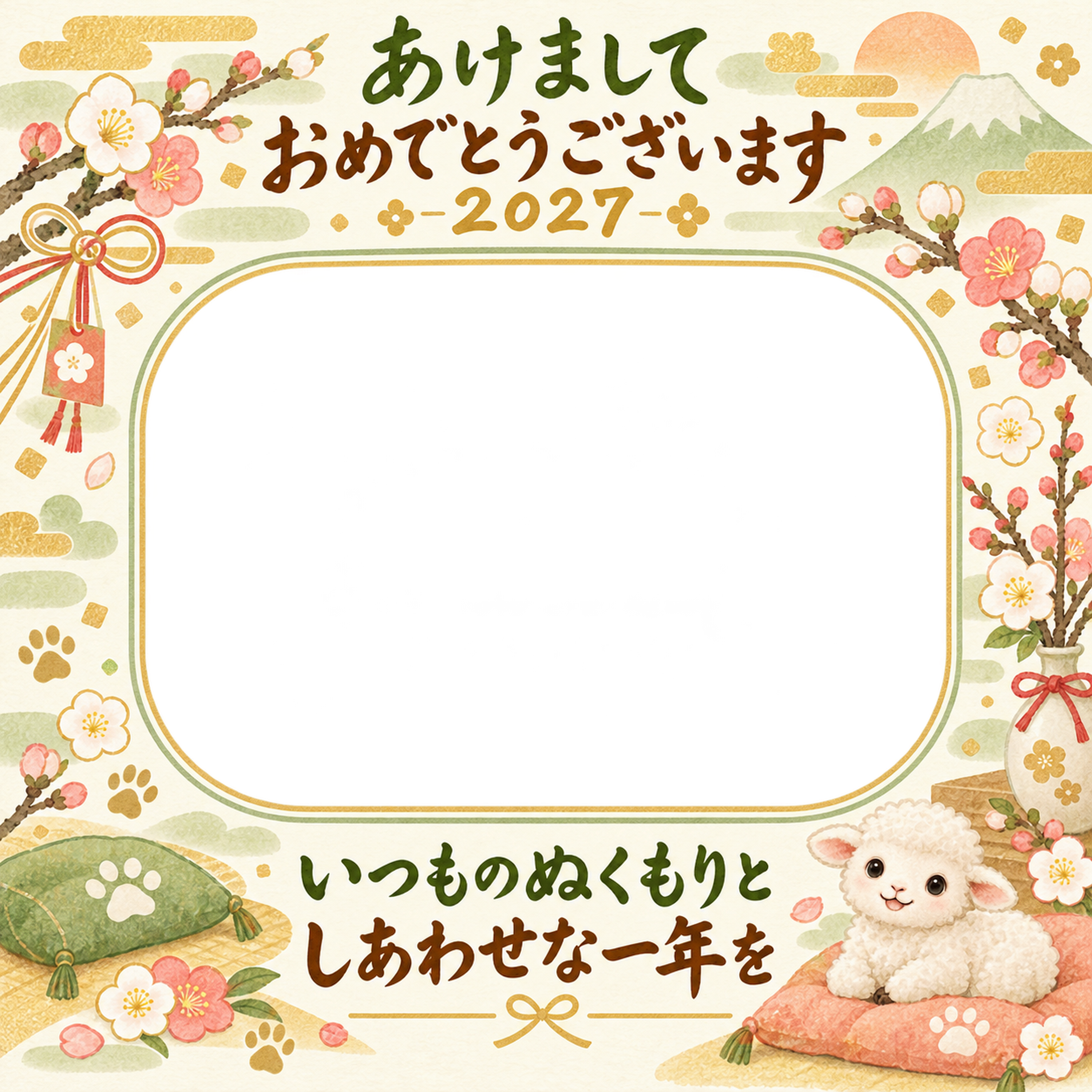 ひだまりのリビング 家族とペットの写真年賀状 無料イラスト素材 98817に写真・文字を入れる