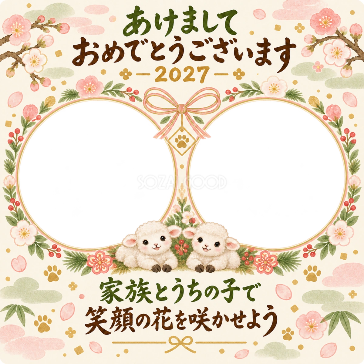 花のリースで並ぶ二枚の家族とペット写真年賀状 花のリースで並ぶ二枚の家族とペット写真年賀状