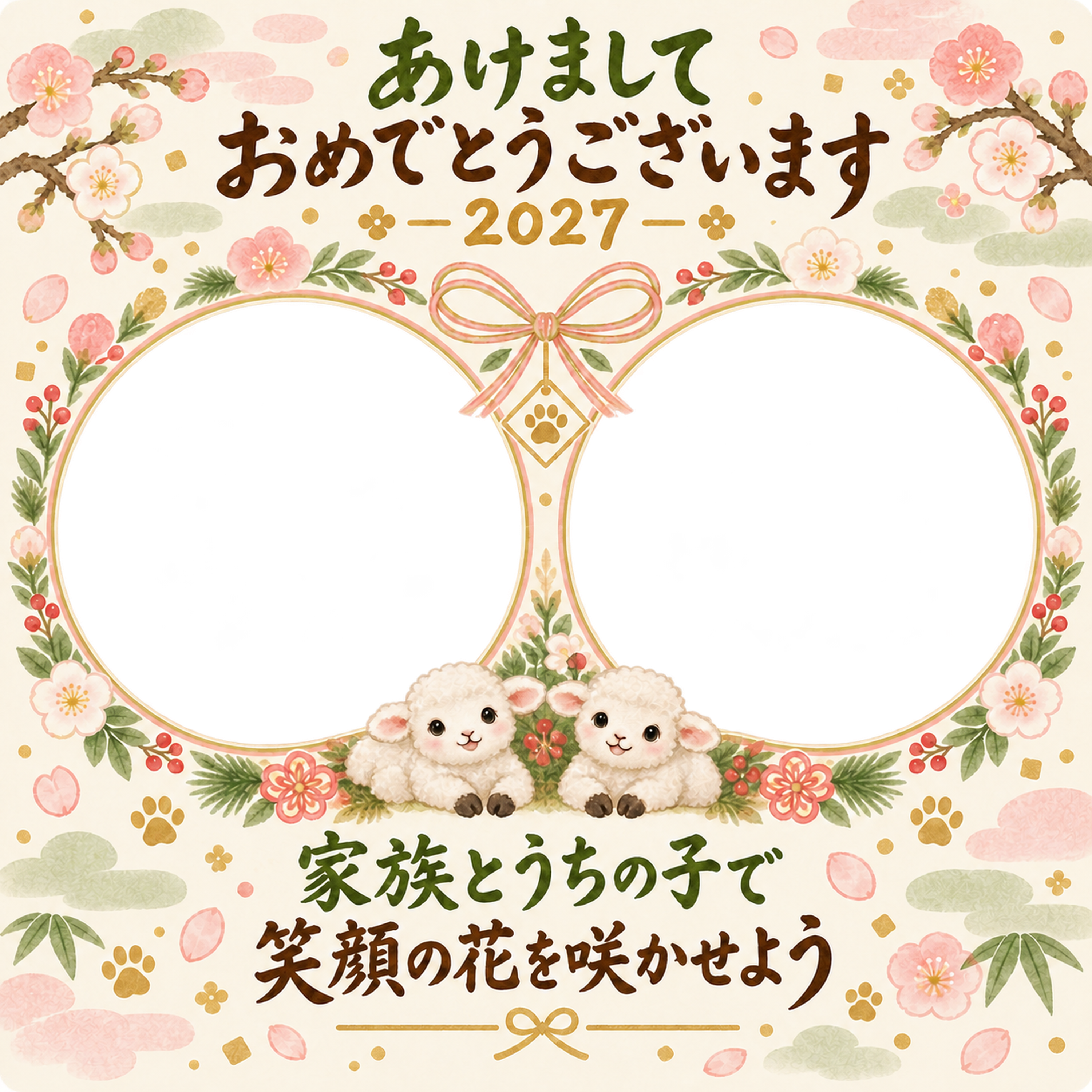 花のリースで並ぶ二枚 家族とペットの写真年賀状 無料イラスト素材 98818に写真・文字を入れる