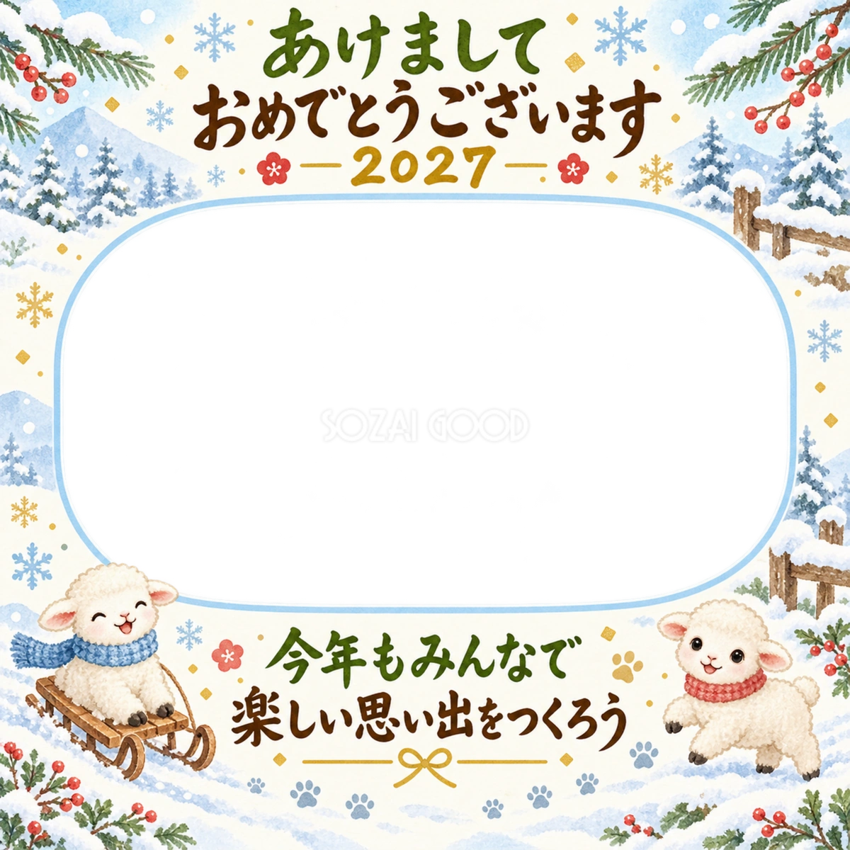 雪の庭で集合写真の家族とペット写真年賀状 雪の庭で集合写真の家族とペット写真年賀状