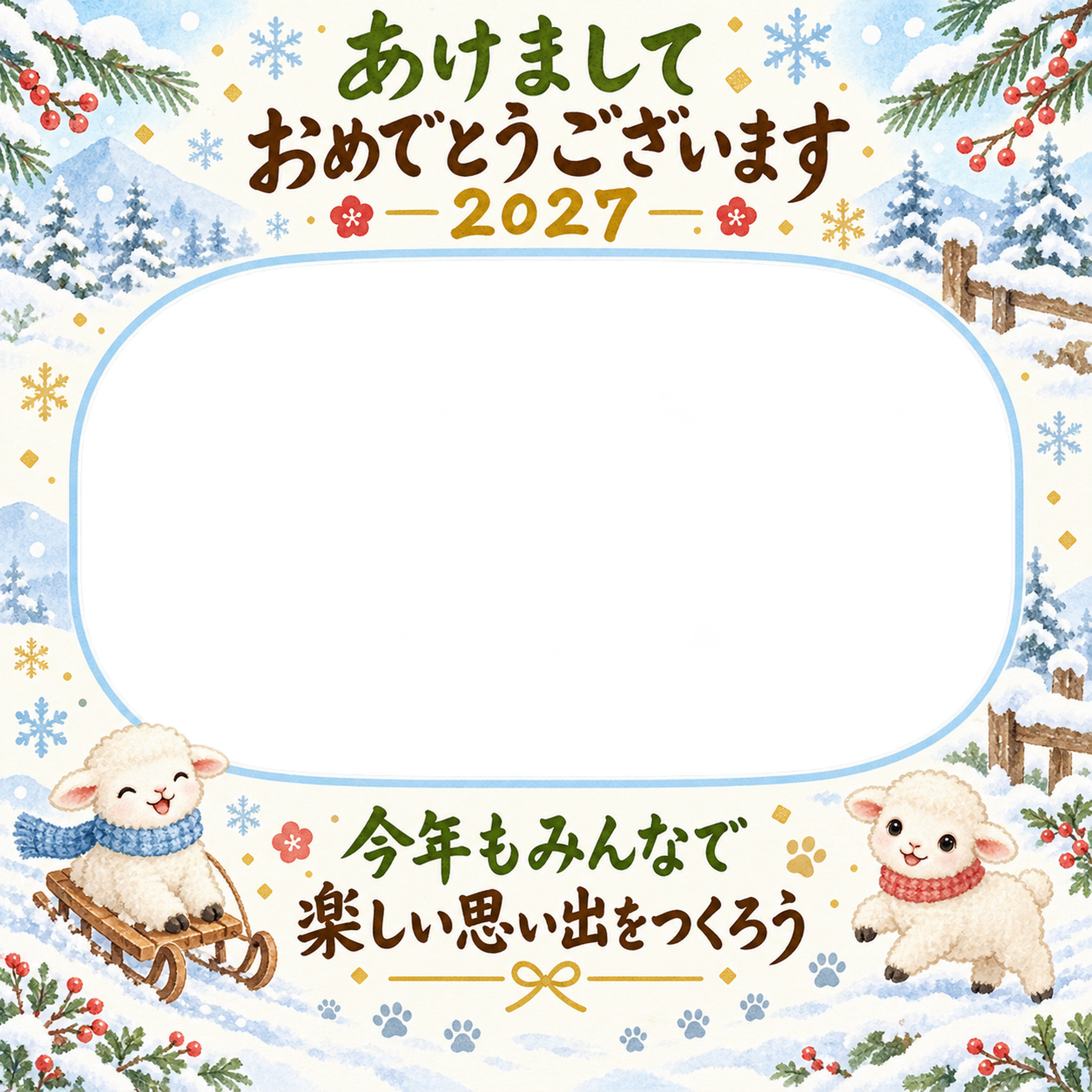 雪の庭で集合写真 家族とペットの写真年賀状 無料イラスト素材 98819に写真・文字を入れる