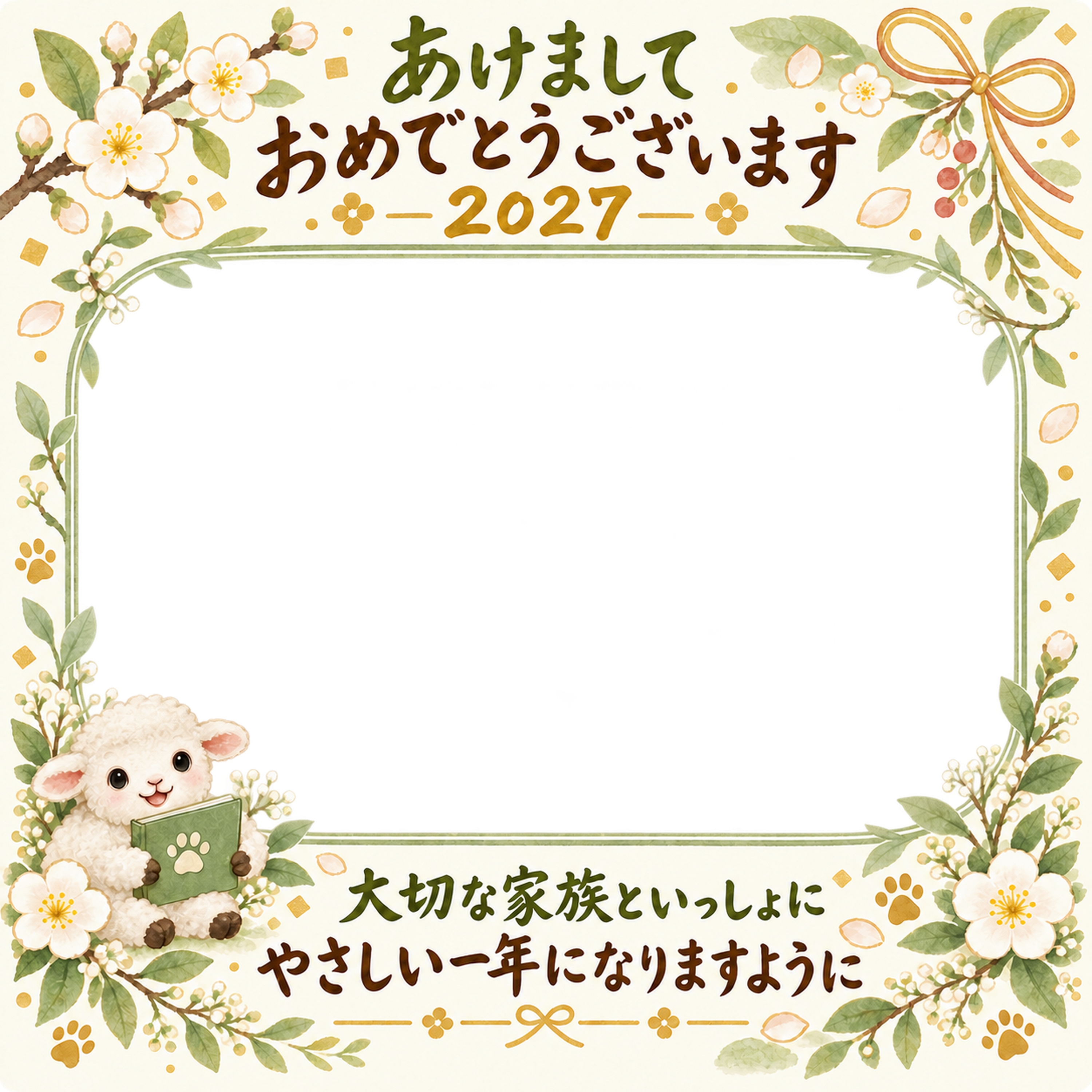 草花の家族アルバム 家族とペットの写真年賀状 無料イラスト素材 98821に写真・文字を入れる
