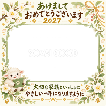 草花の家族アルバム 家族とペットの写真年賀状 無料イラスト素材 98821