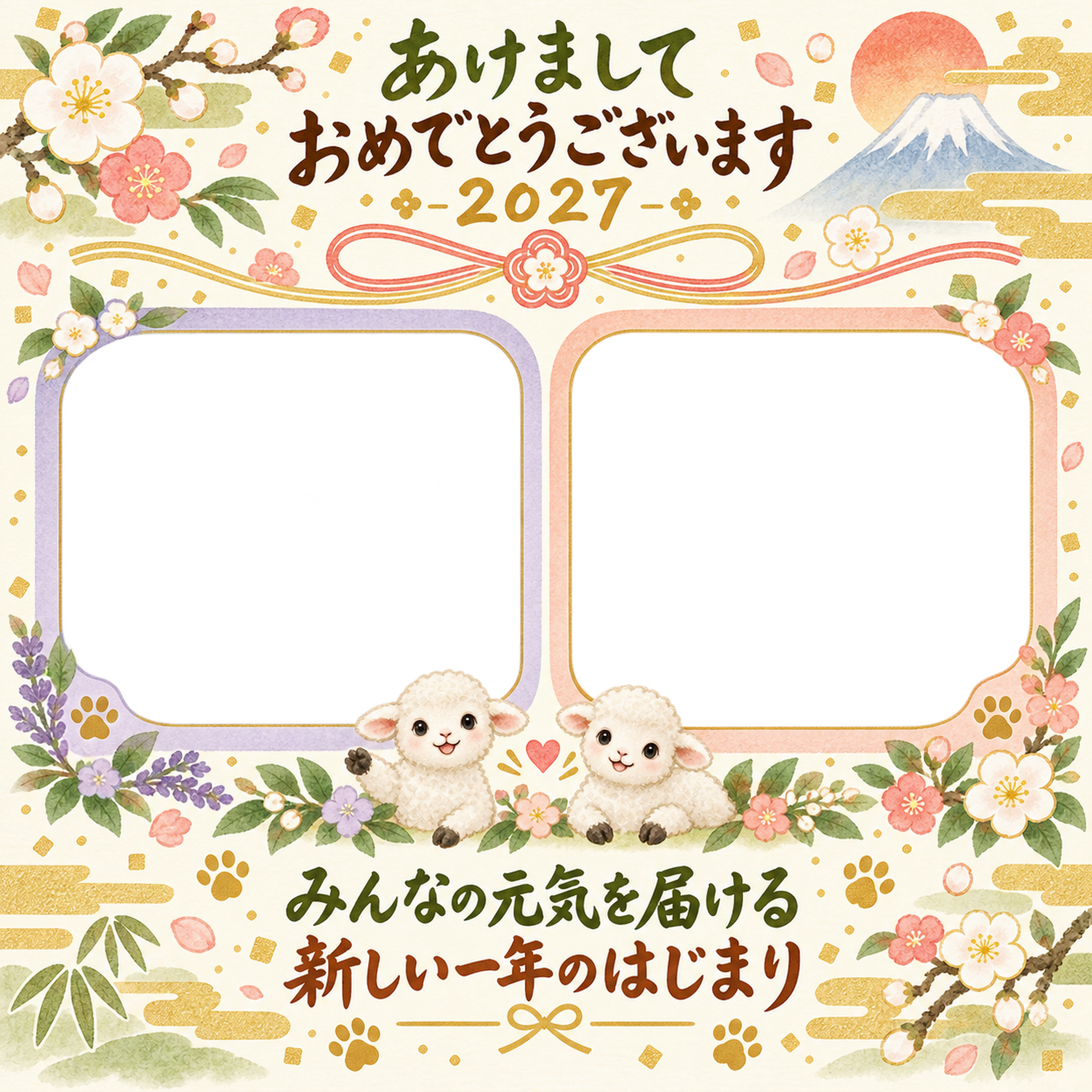 お祝いリボンの二枚 家族とペットの写真年賀状 無料イラスト素材 98822に写真・文字を入れる