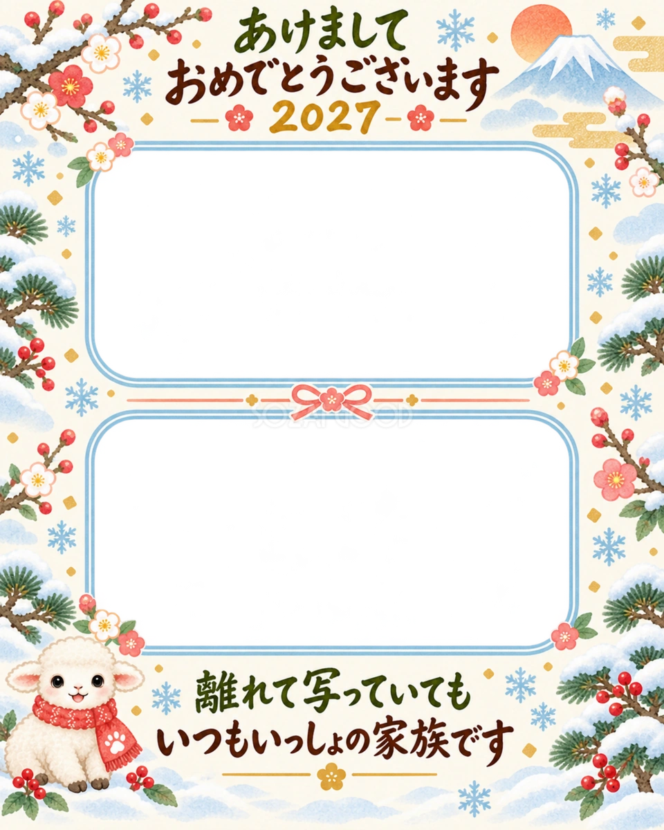 縦長の上下二枚写真の家族とペット写真年賀状 縦長の上下二枚写真の家族とペット写真年賀状