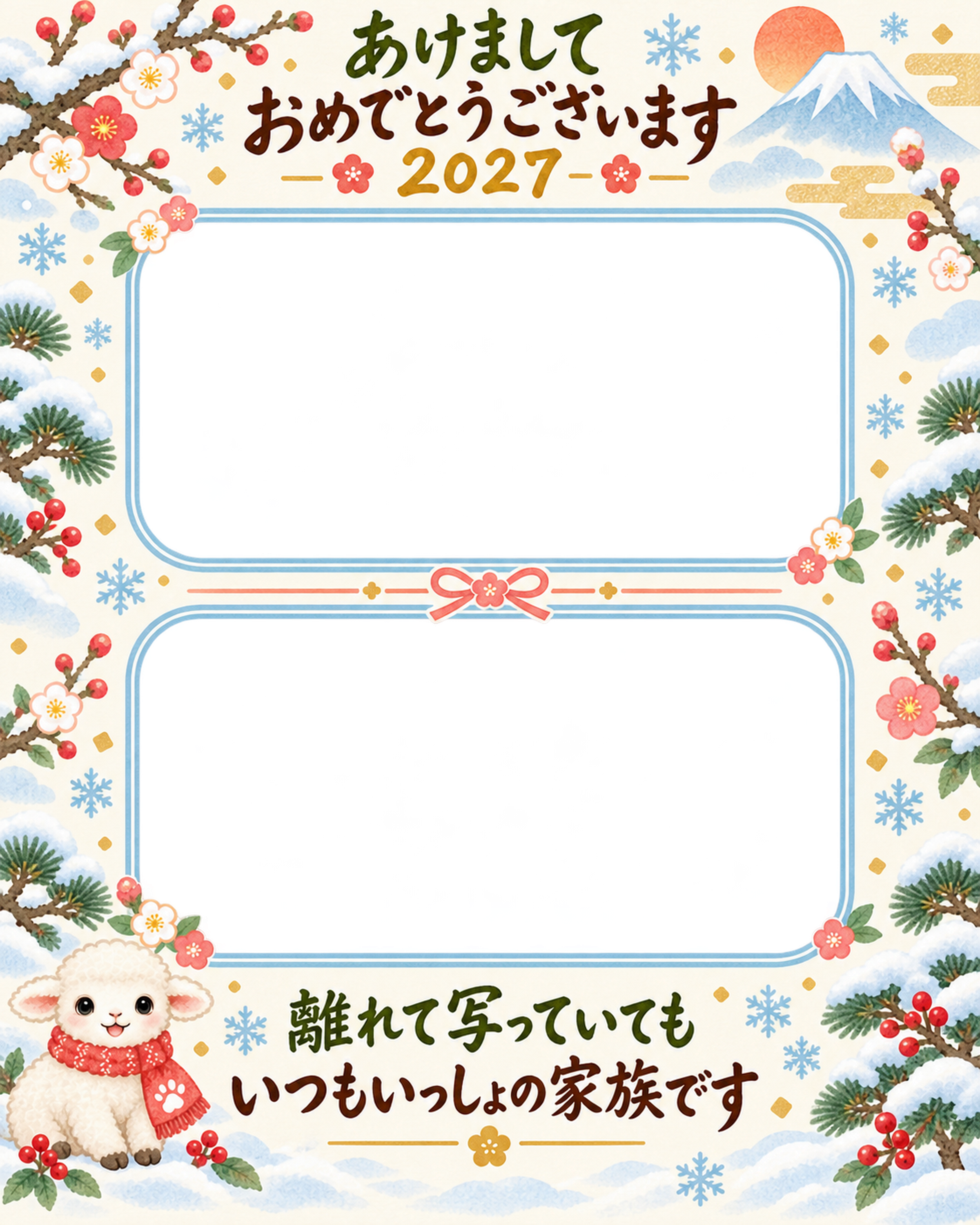 縦長の上下二枚写真 家族とペットの写真年賀状 無料イラスト素材 98824に写真・文字を入れる