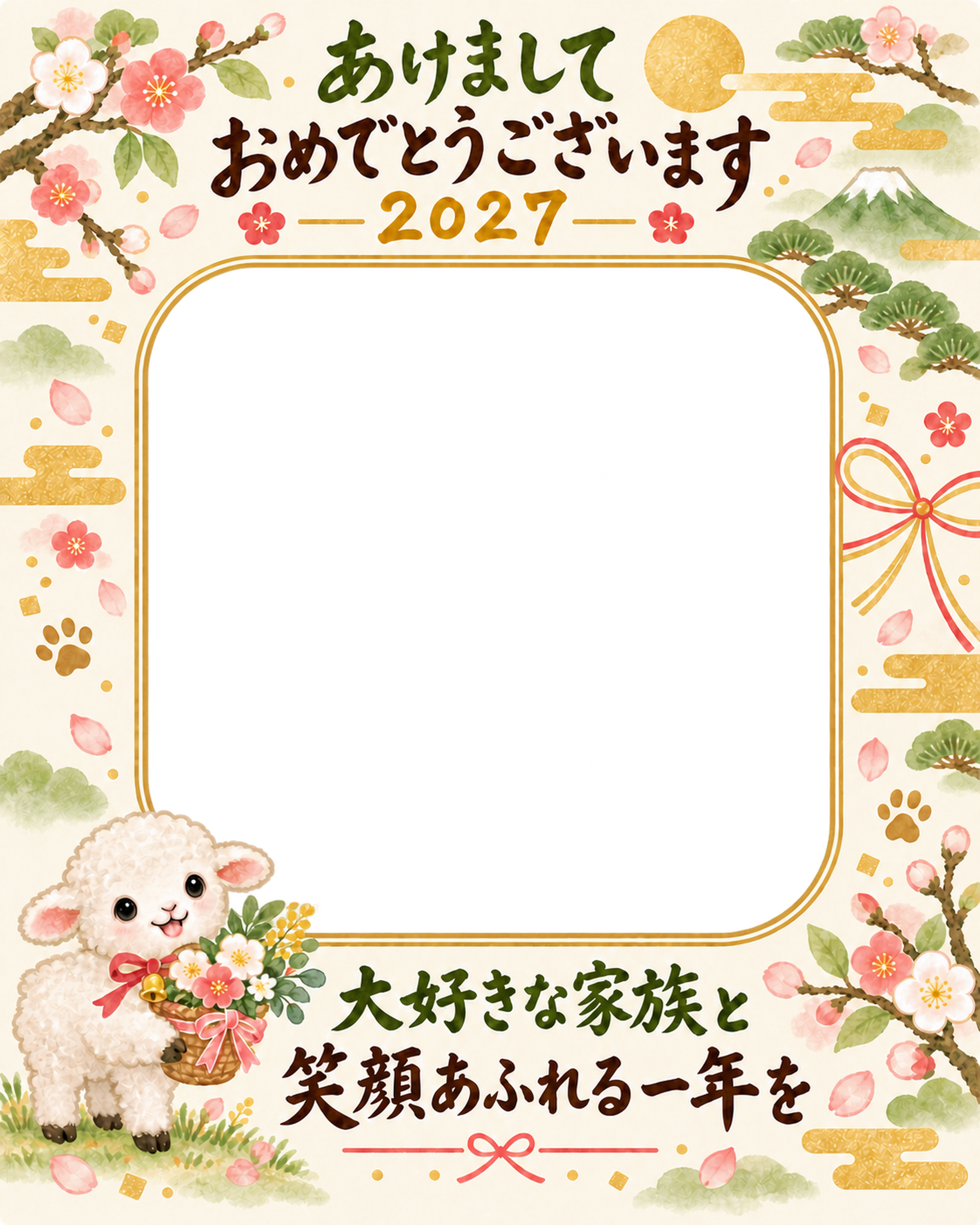 縦長の花と集合写真 家族とペットの写真年賀状 無料イラスト素材 98825に写真・文字を入れる