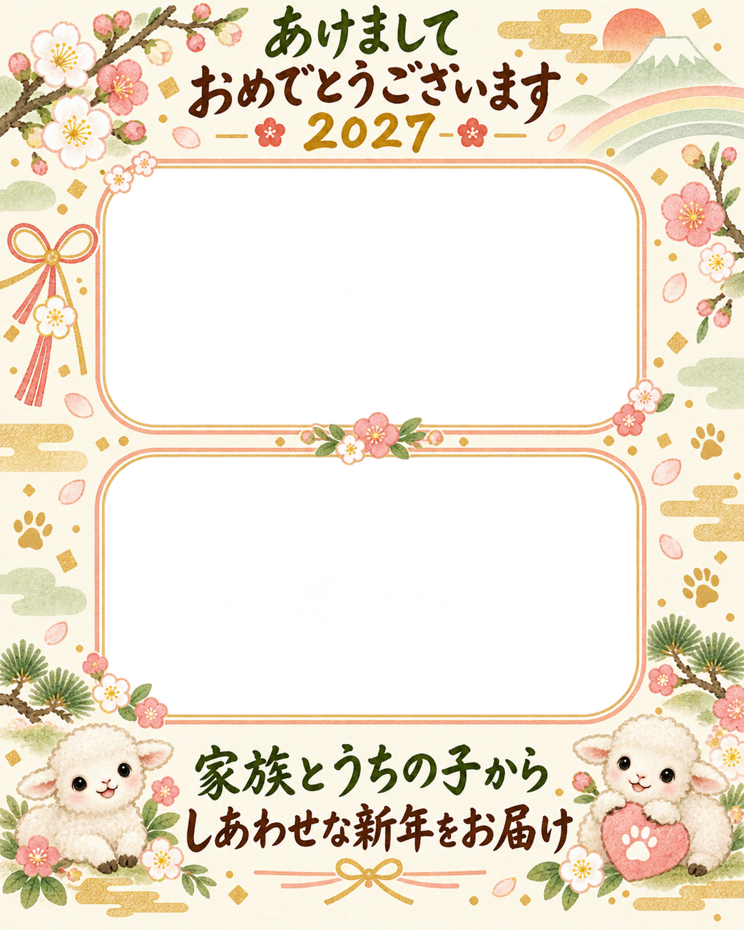 縦長の家族とうちの子二枚 家族とペットの写真年賀状 無料イラスト素材 98826に写真・文字を入れる