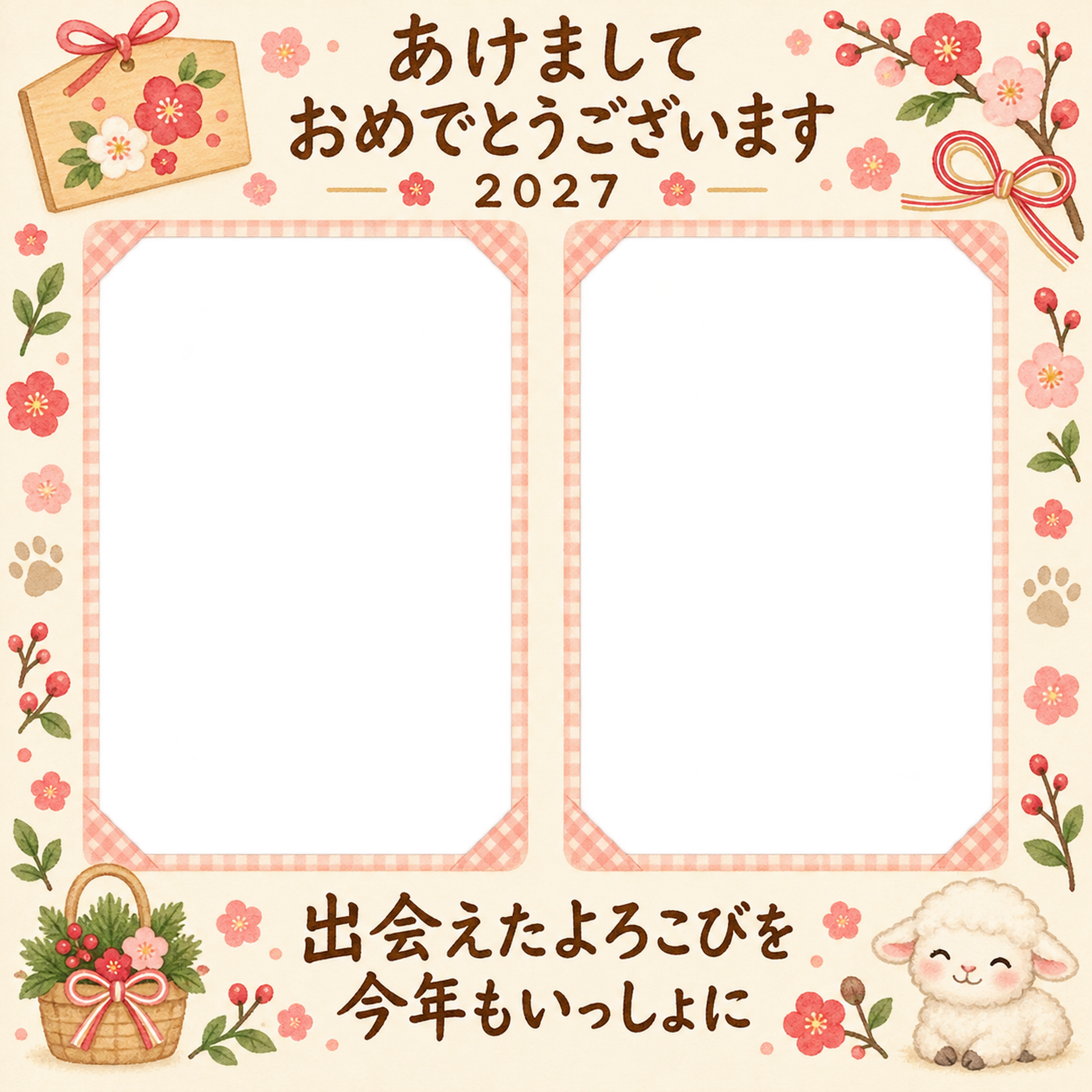 お迎えの日のアルバム 羊とペットの写真年賀状 無料イラスト素材 98828に写真・文字を入れる