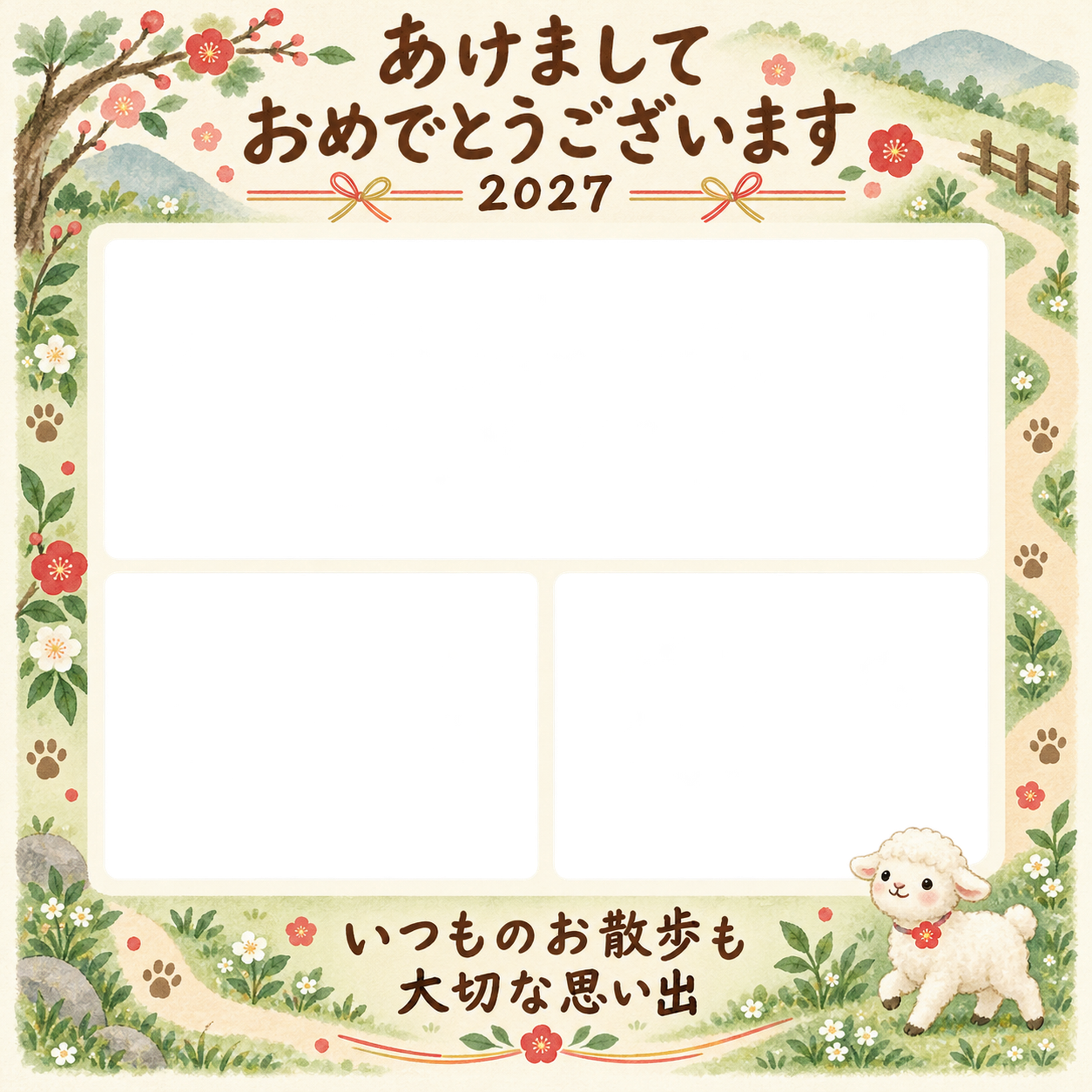 お散歩の三つの思い出 羊とペットの写真年賀状 無料イラスト素材 98829に写真・文字を入れる