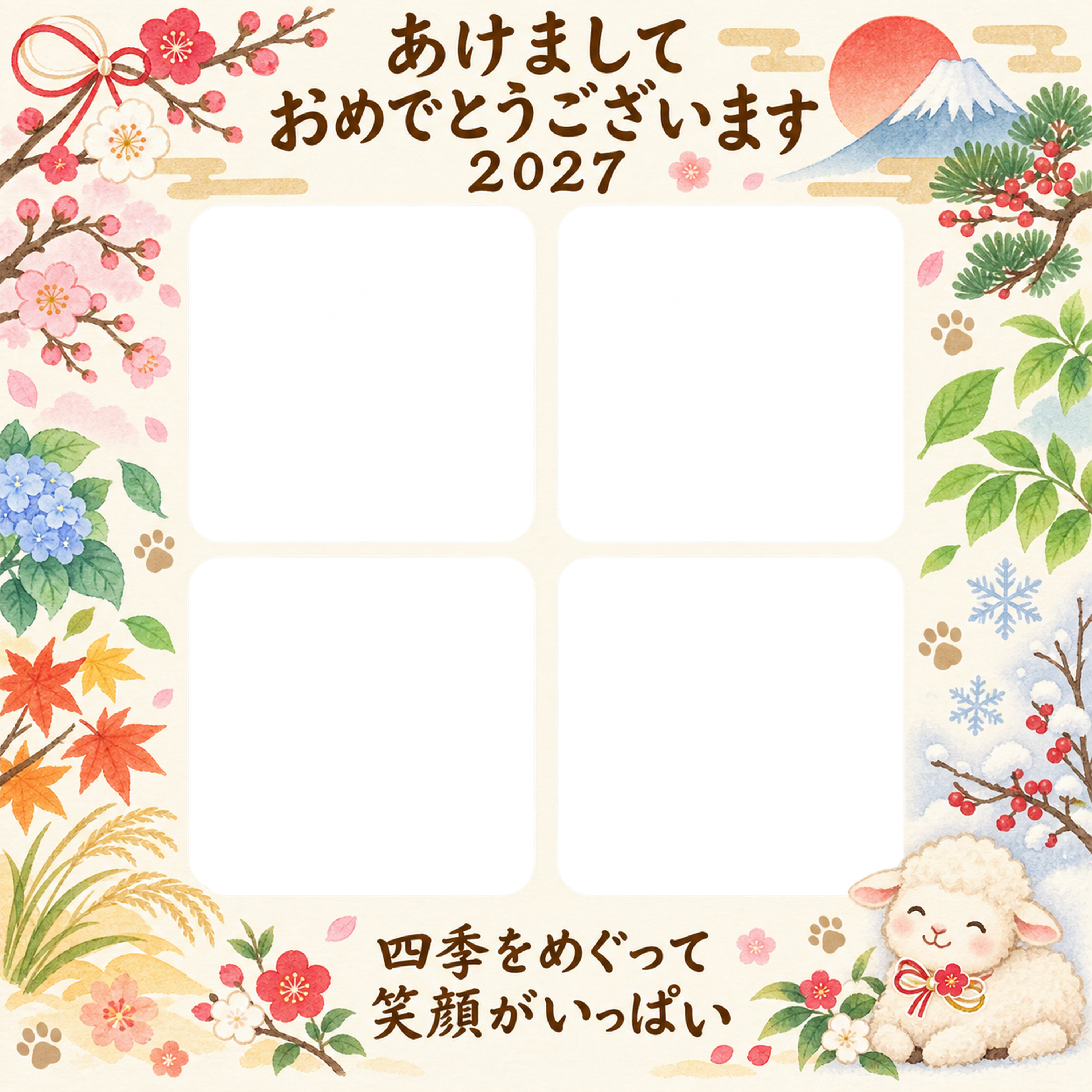 四季の思い出だより 羊とペットの写真年賀状 無料イラスト素材 98830に写真・文字を入れる