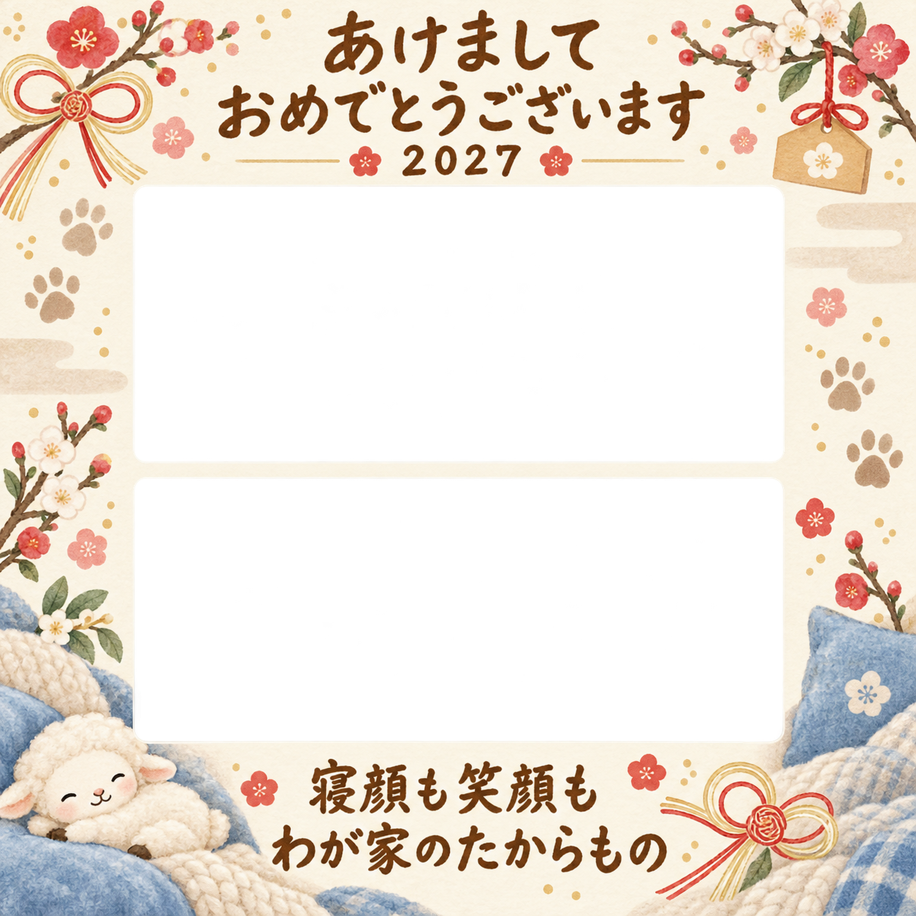 寝顔と笑顔のふたこま 羊とペットの写真年賀状 無料イラスト素材 98831に写真・文字を入れる