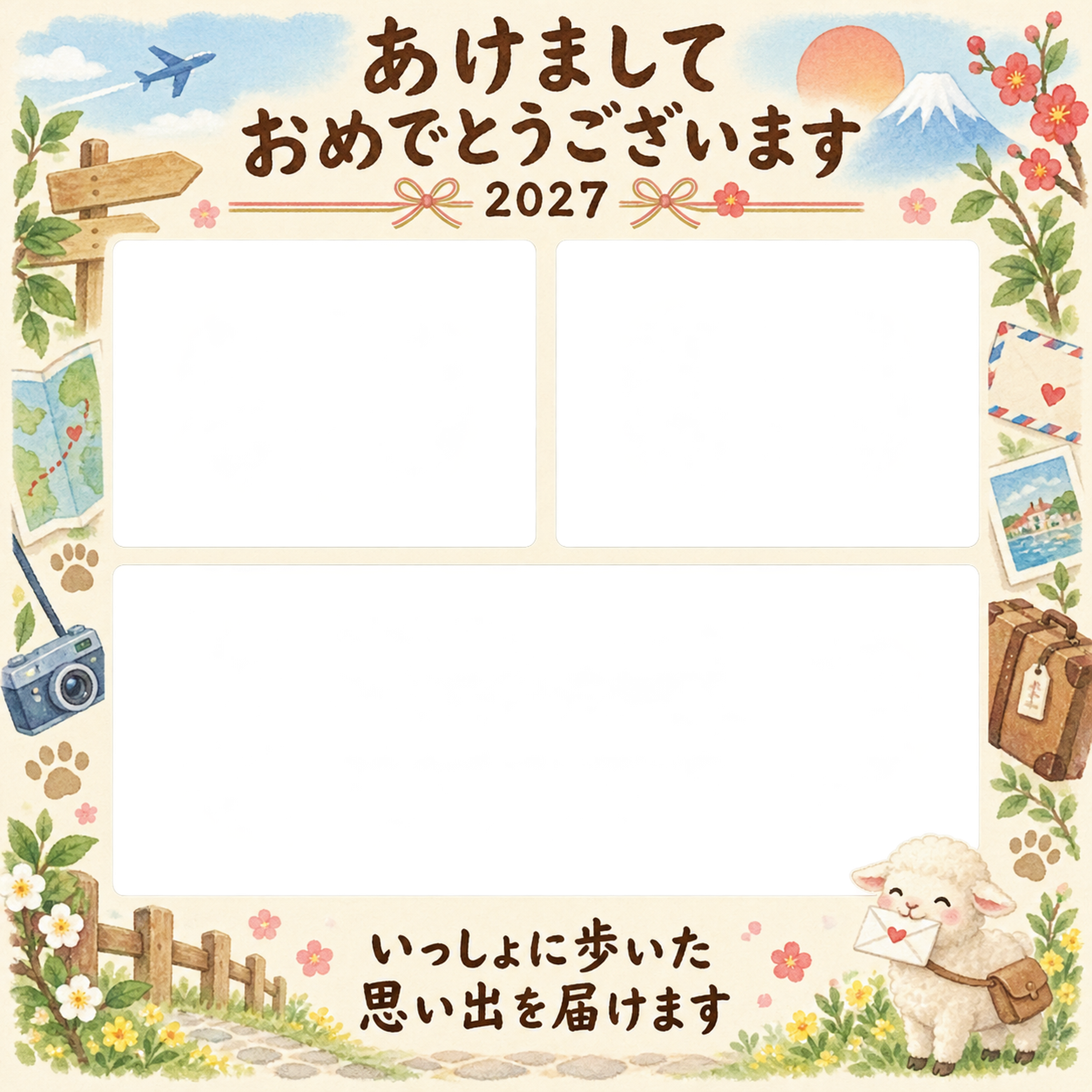 小さな旅の三枚 羊とペットの写真年賀状 無料イラスト素材 98832に写真・文字を入れる