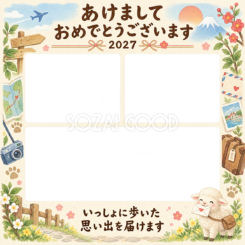 小さな旅の三枚 羊とペットの写真年賀状 無料イラスト素材 98832