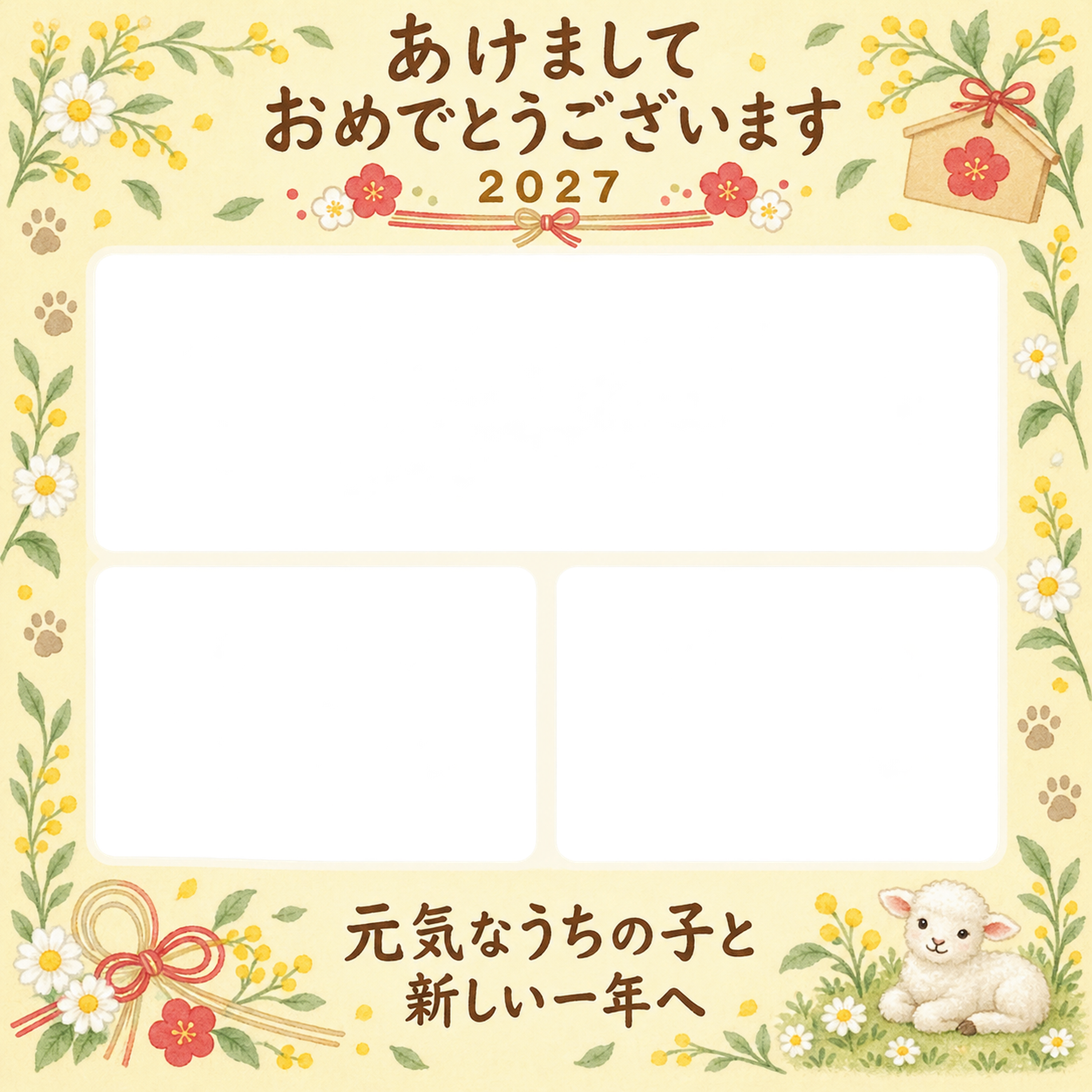 お庭の三つの表情 羊とペットの写真年賀状 無料イラスト素材 98835に写真・文字を入れる