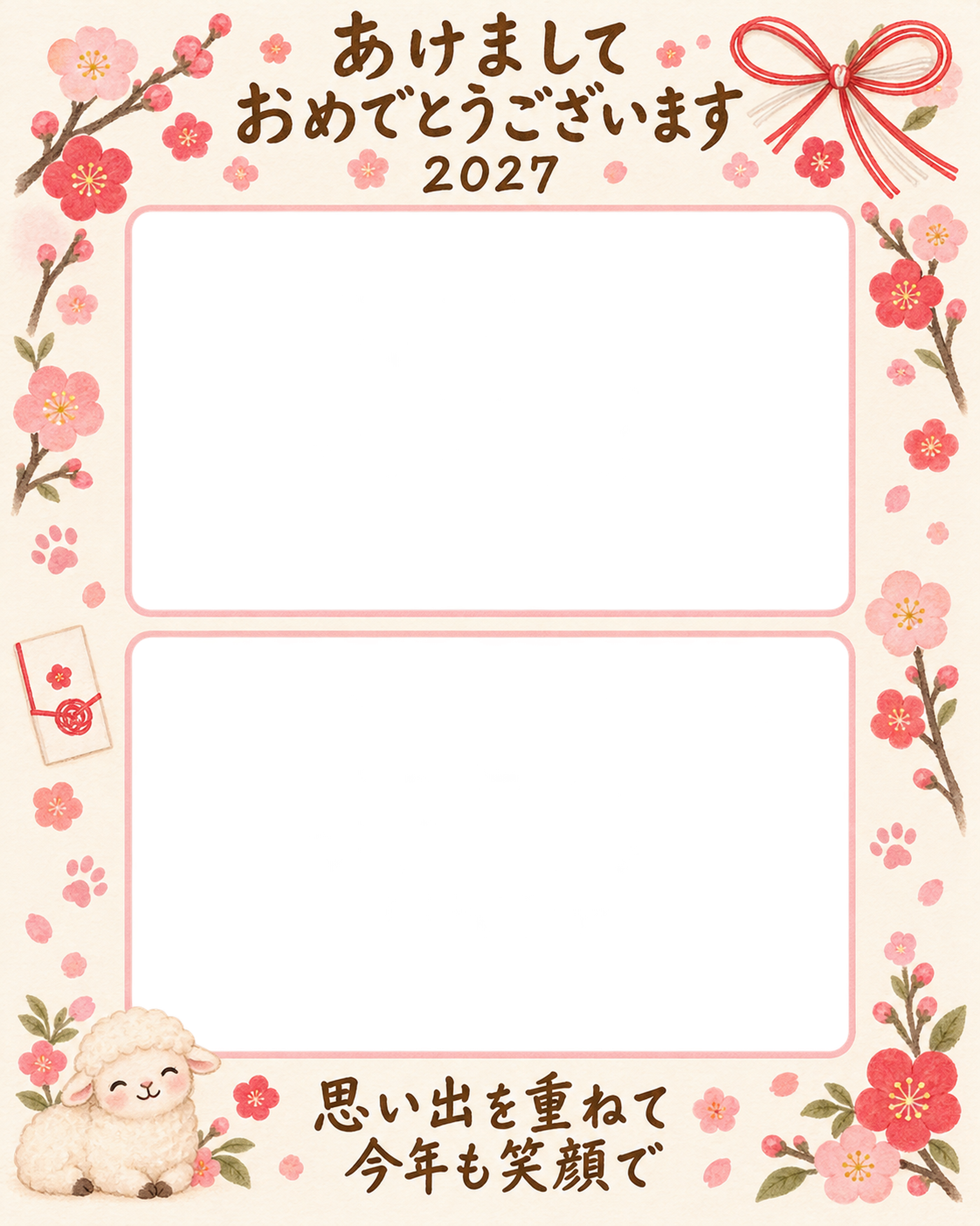縦長の思い出二枚 羊とペットの写真年賀状 無料イラスト素材 98836に写真・文字を入れる