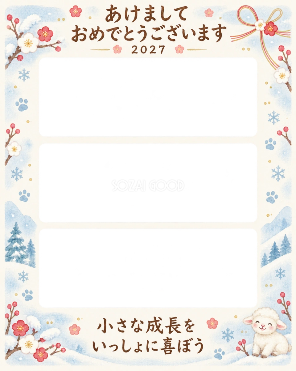 縦長の成長三枚のペット写真年賀状
