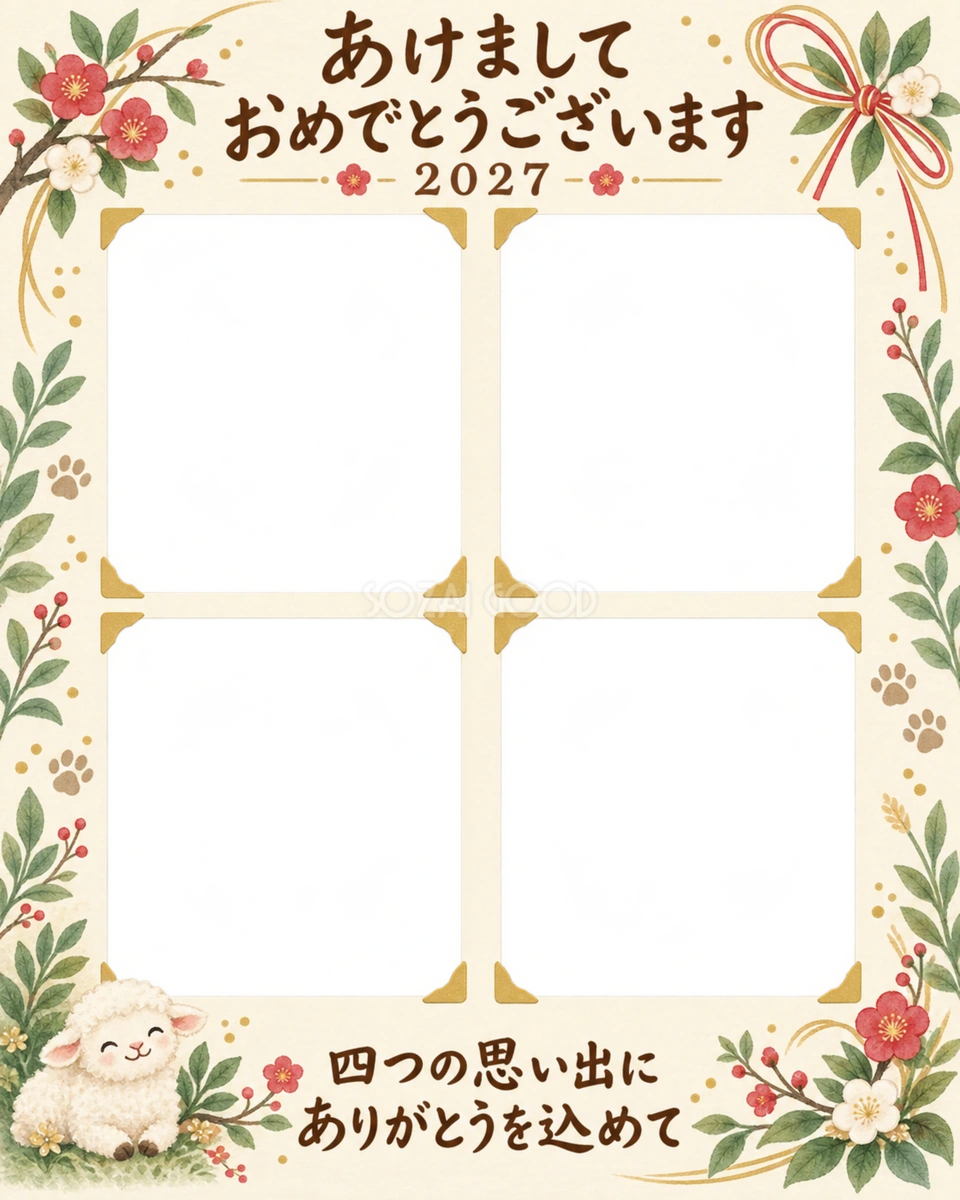 縦長の四つの宝物のペット写真年賀状