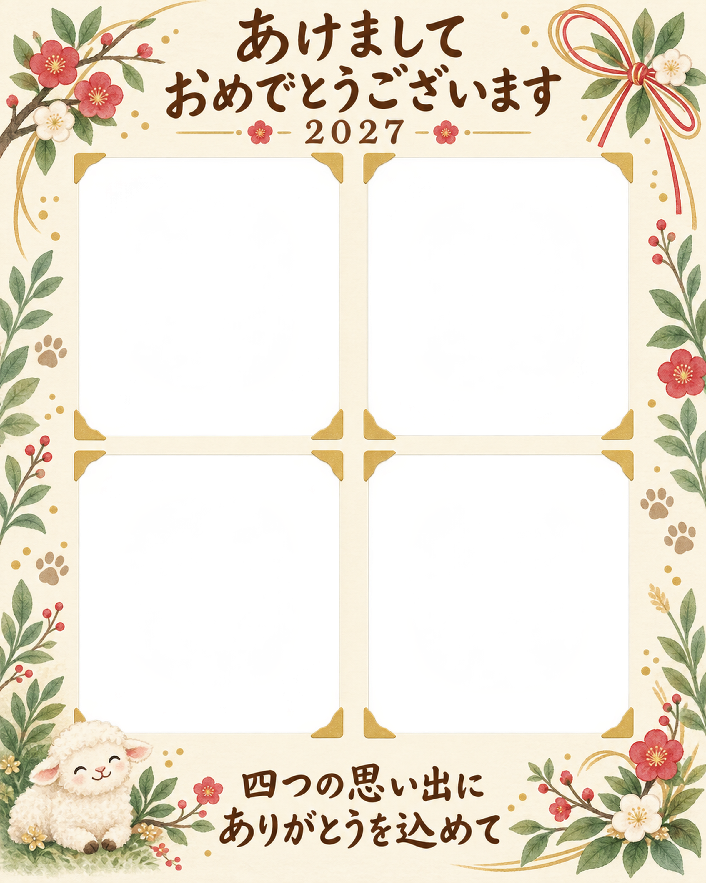 縦長の四つの宝物 羊とペットの写真年賀状 無料イラスト素材 98838に写真・文字を入れる