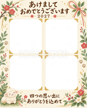 縦長の四つの宝物 羊とペットの写真年賀状 無料イラスト素材 98838