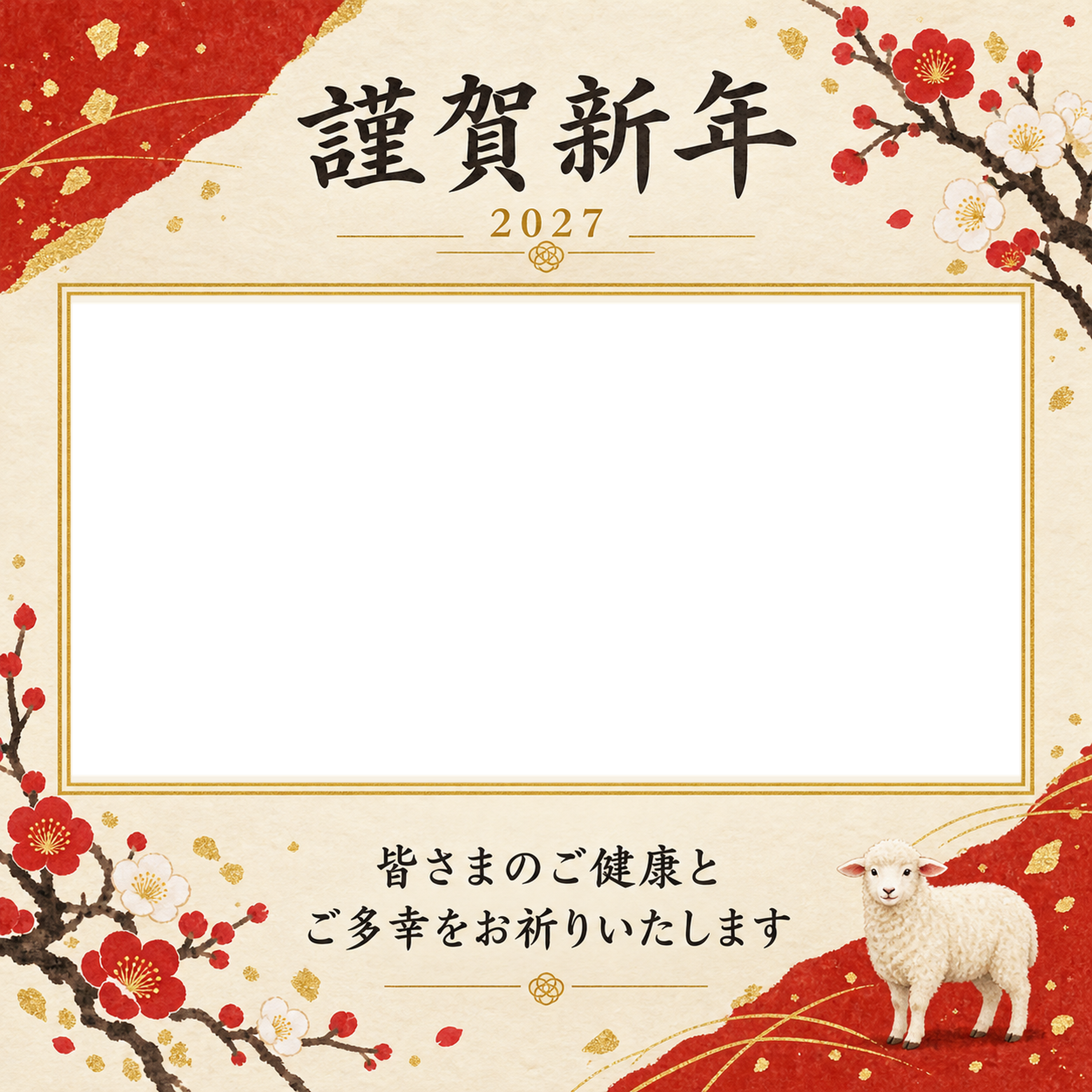 紅白梅と金の横写真年賀状｜大人の無料イラスト素材 98854に写真・文字を入れる