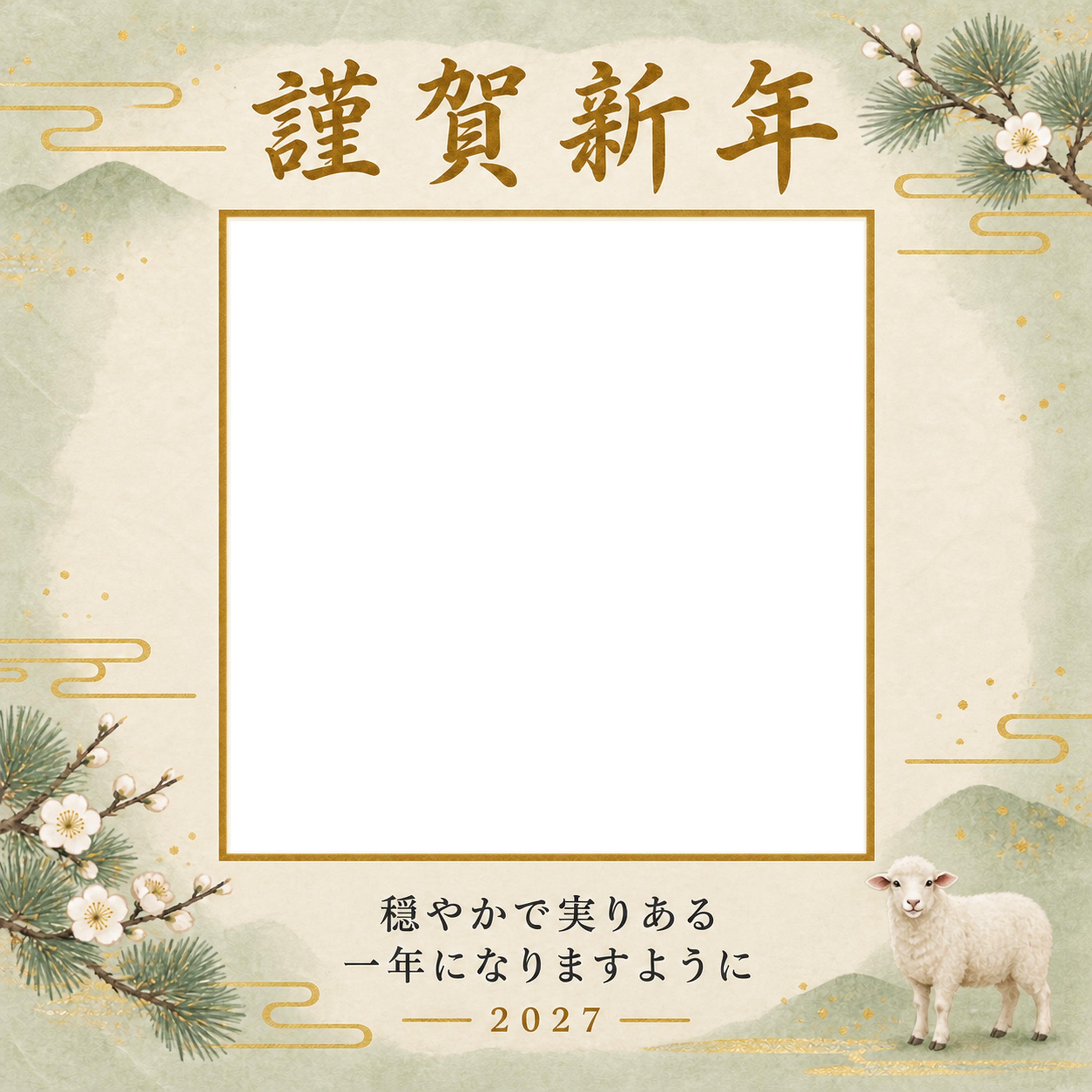 若草色と白梅の写真年賀状｜大人の無料イラスト素材 98857に写真・文字を入れる