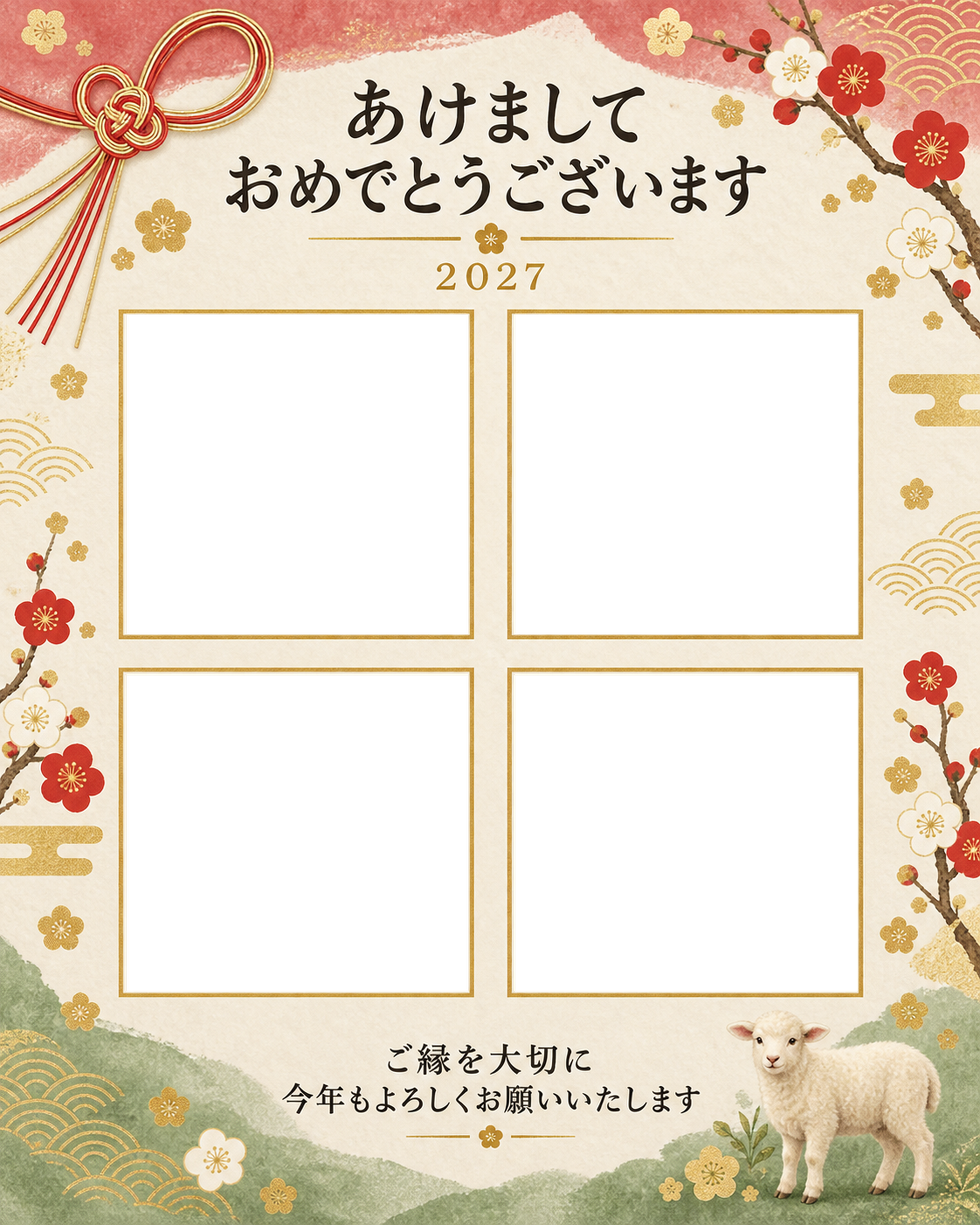 梅と金の四つの写真年賀状｜大人の無料イラスト素材 98865に写真・文字を入れる