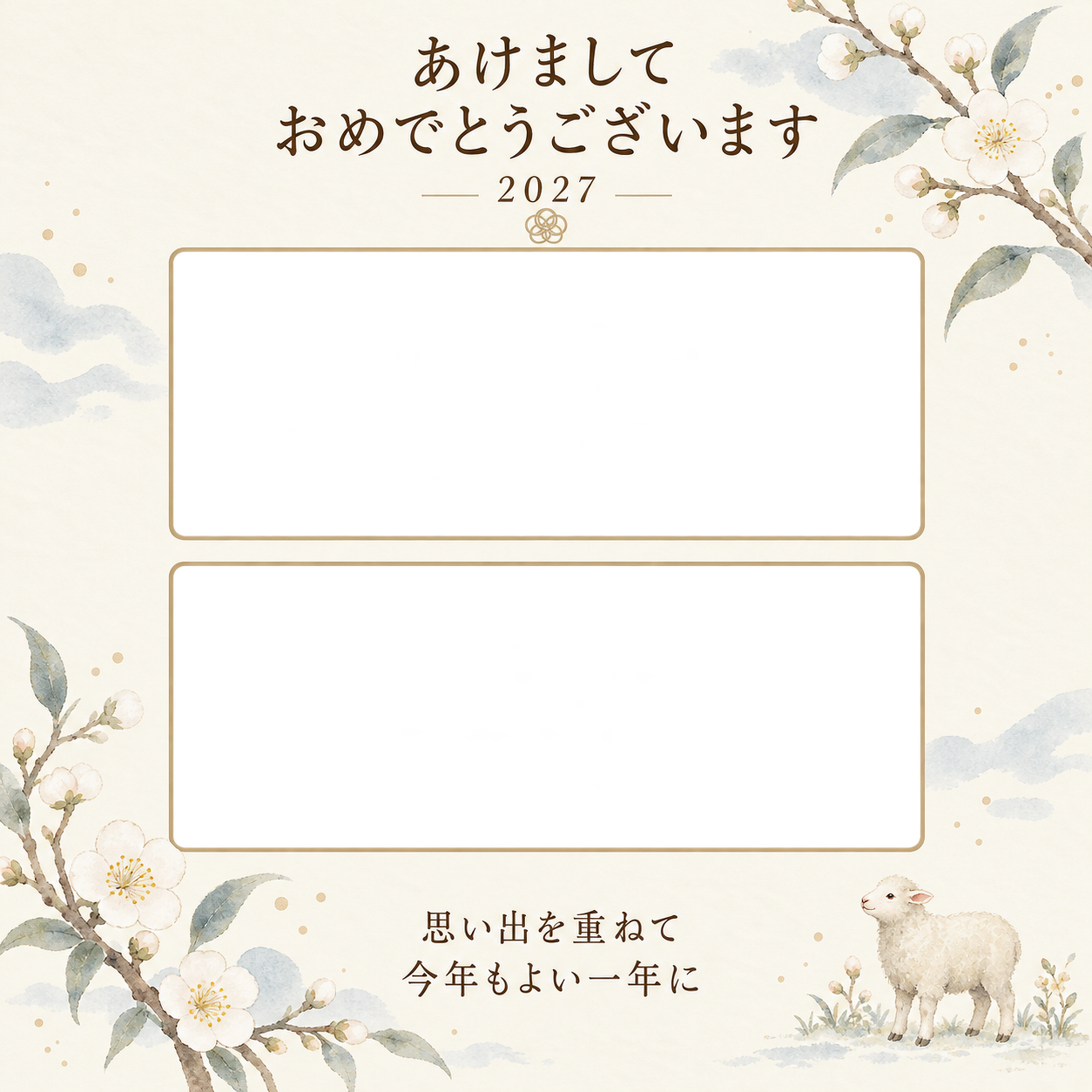 梅と上下の写真年賀状｜無料イラスト素材 98874に写真・文字を入れる