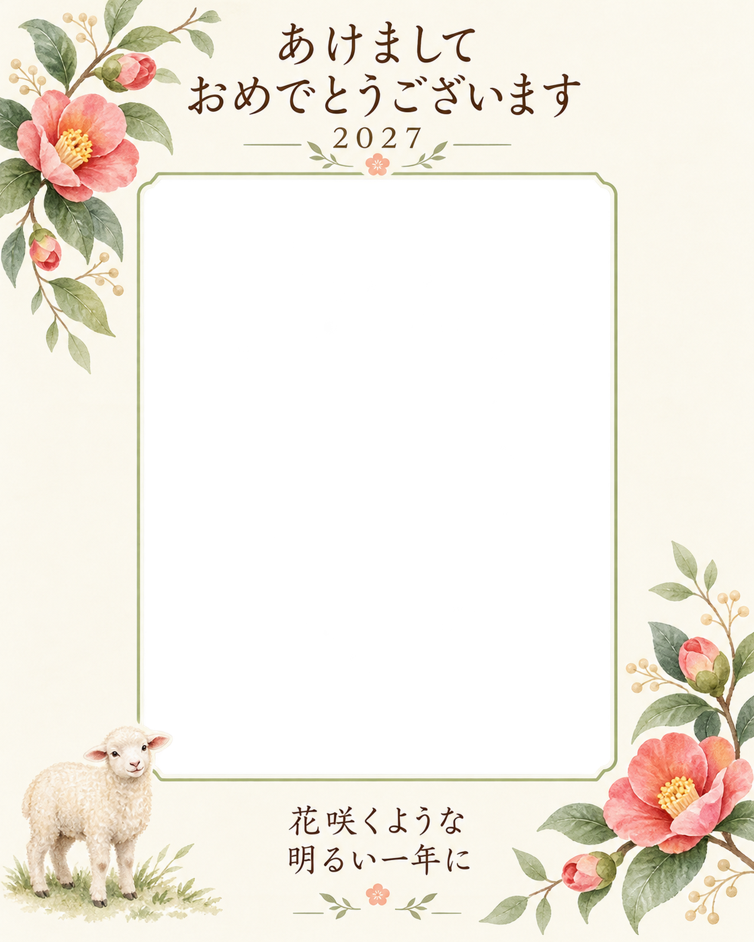 椿と水彩の縦写真年賀状｜無料イラスト素材 98875に写真・文字を入れる