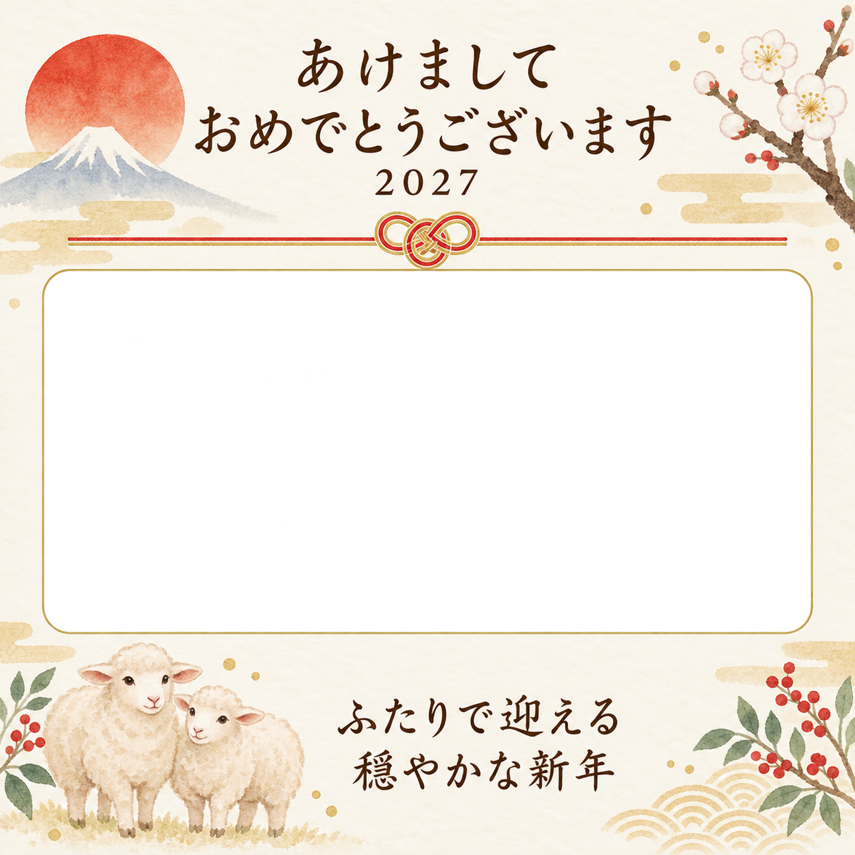 紅白の結びとふたりの写真年賀状｜大人の無料イラスト素材 98880に写真・文字を入れる