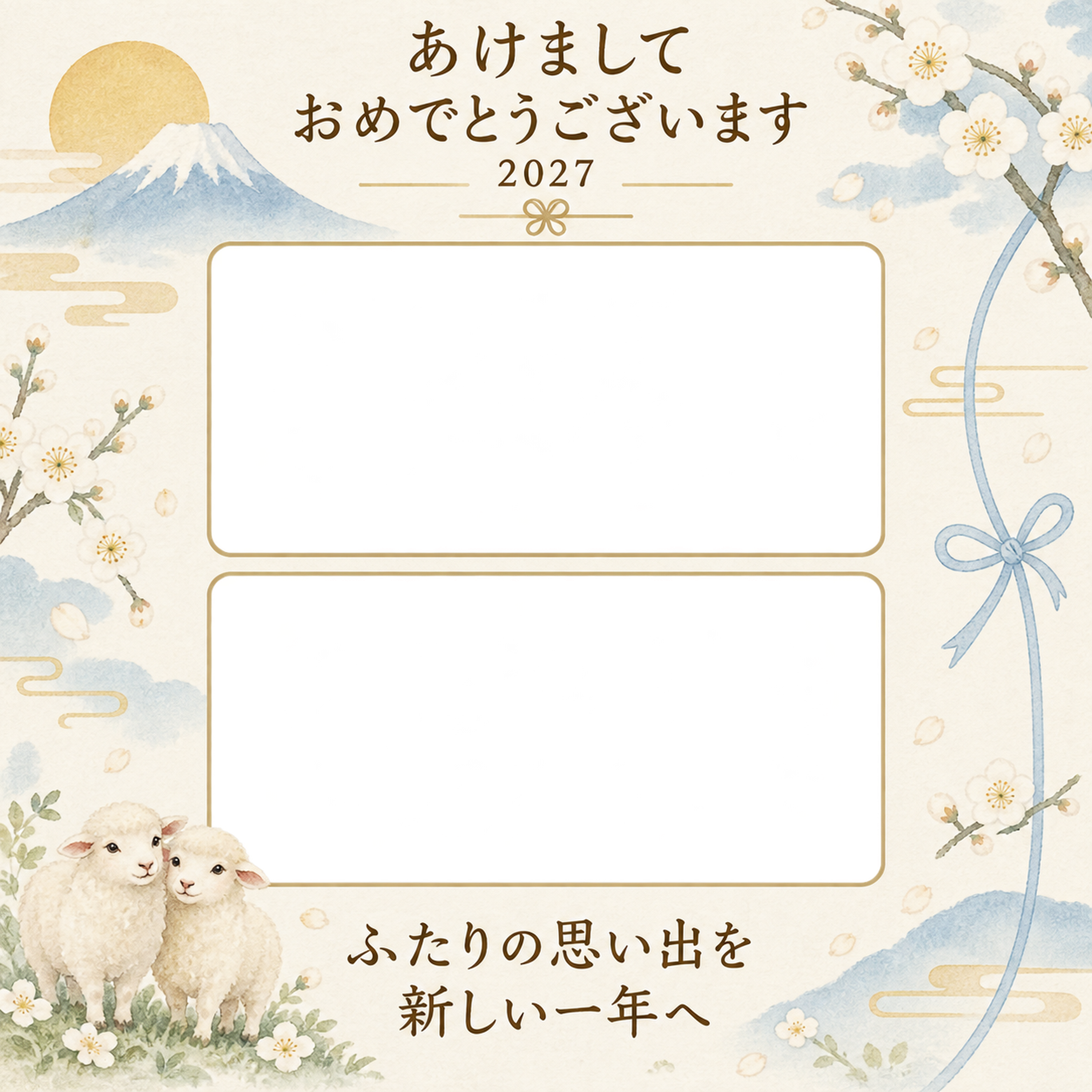 青い結びと写真2枚の年賀状｜大人の無料イラスト素材 98883に写真・文字を入れる