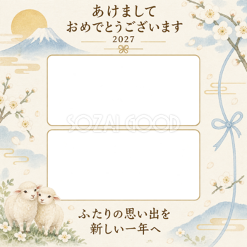 青い結びと写真2枚の年賀状｜大人の無料イラスト素材 98883