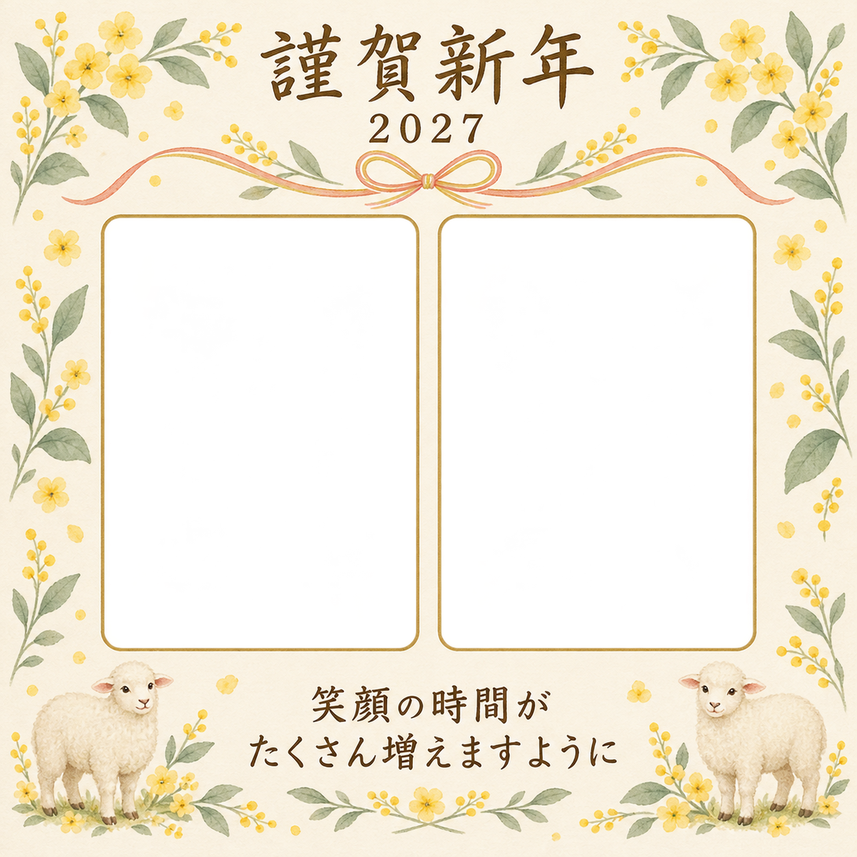 小花とふたりの写真2枚の年賀状｜大人の無料イラスト素材 98885に写真・文字を入れる