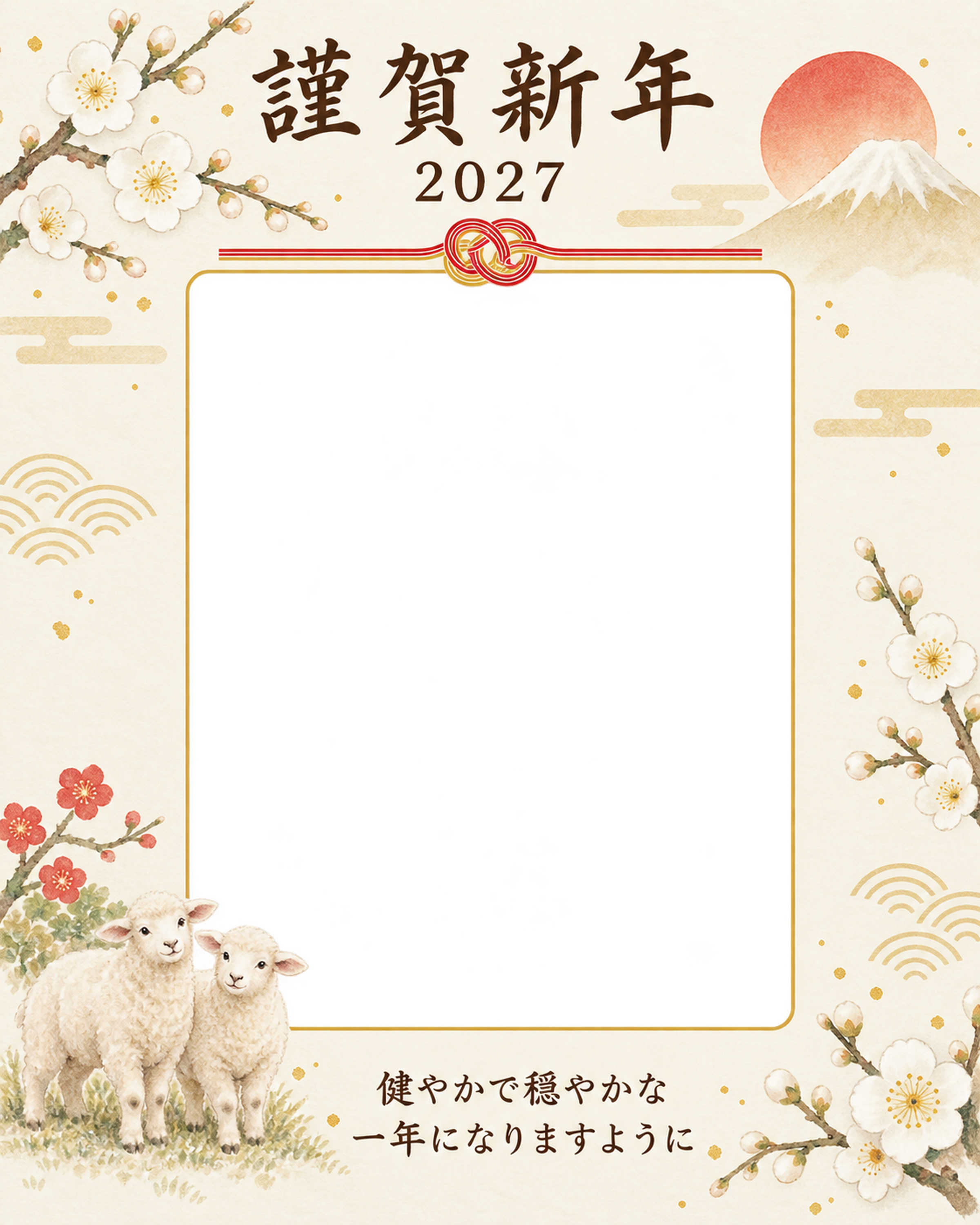 白梅とふたりの縦写真年賀状｜大人の無料イラスト素材 98888に写真・文字を入れる
