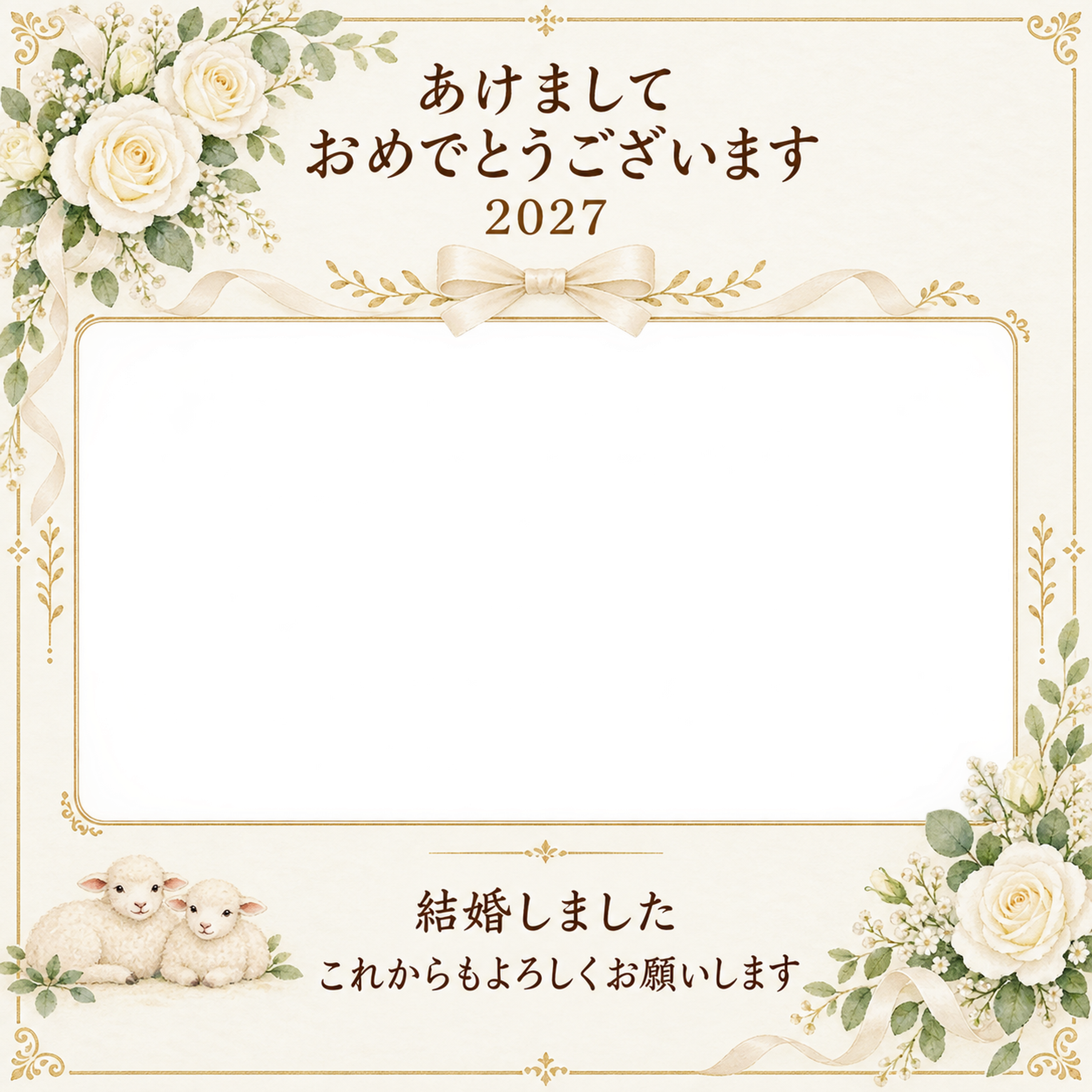 白いバラと結婚のご報告写真年賀状｜大人の無料イラスト素材 98893に写真・文字を入れる