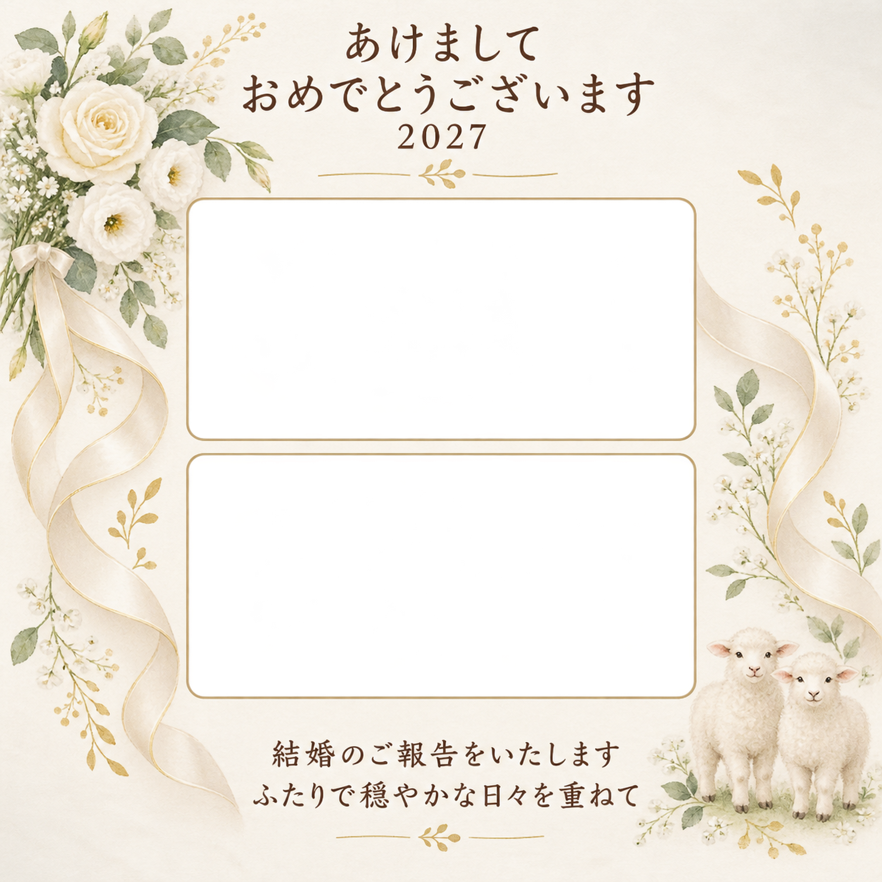 白い花と式の日の思い出写真年賀状｜大人の無料イラスト素材 98896に写真・文字を入れる