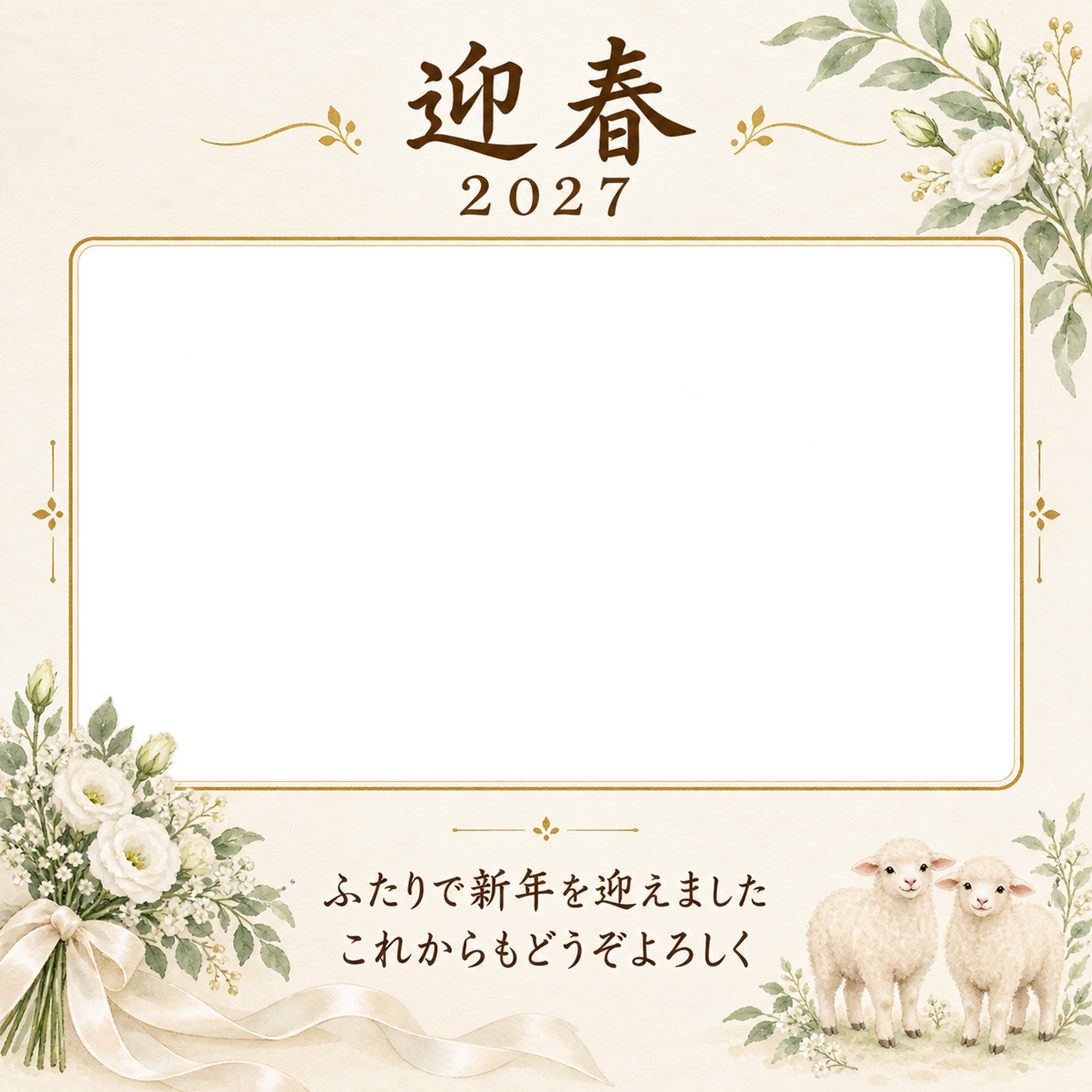 白い花束とふたりの笑顔写真年賀状｜大人の無料イラスト素材 98897に写真・文字を入れる