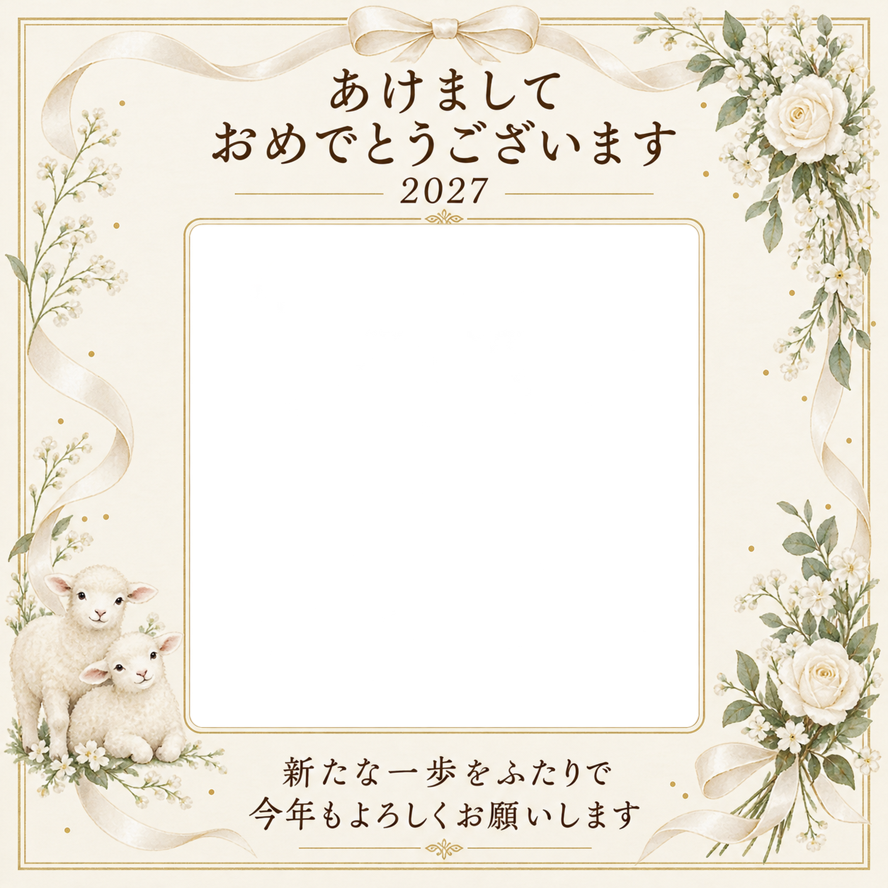 淡い金色と結婚のご報告写真年賀状｜大人の無料イラスト素材 98899に写真・文字を入れる