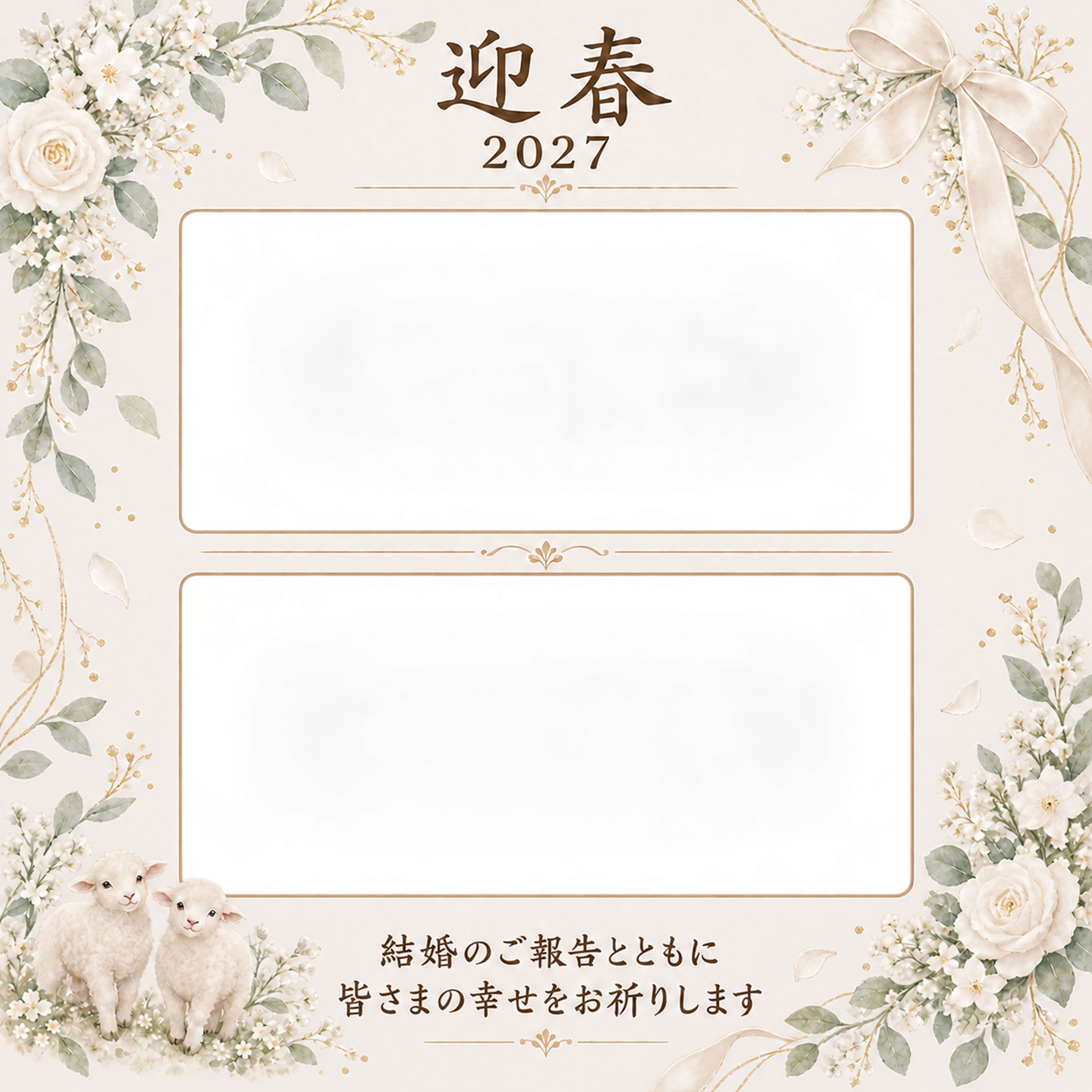 白い小花と二枚の思い出写真年賀状｜大人の無料イラスト素材 98900に写真・文字を入れる