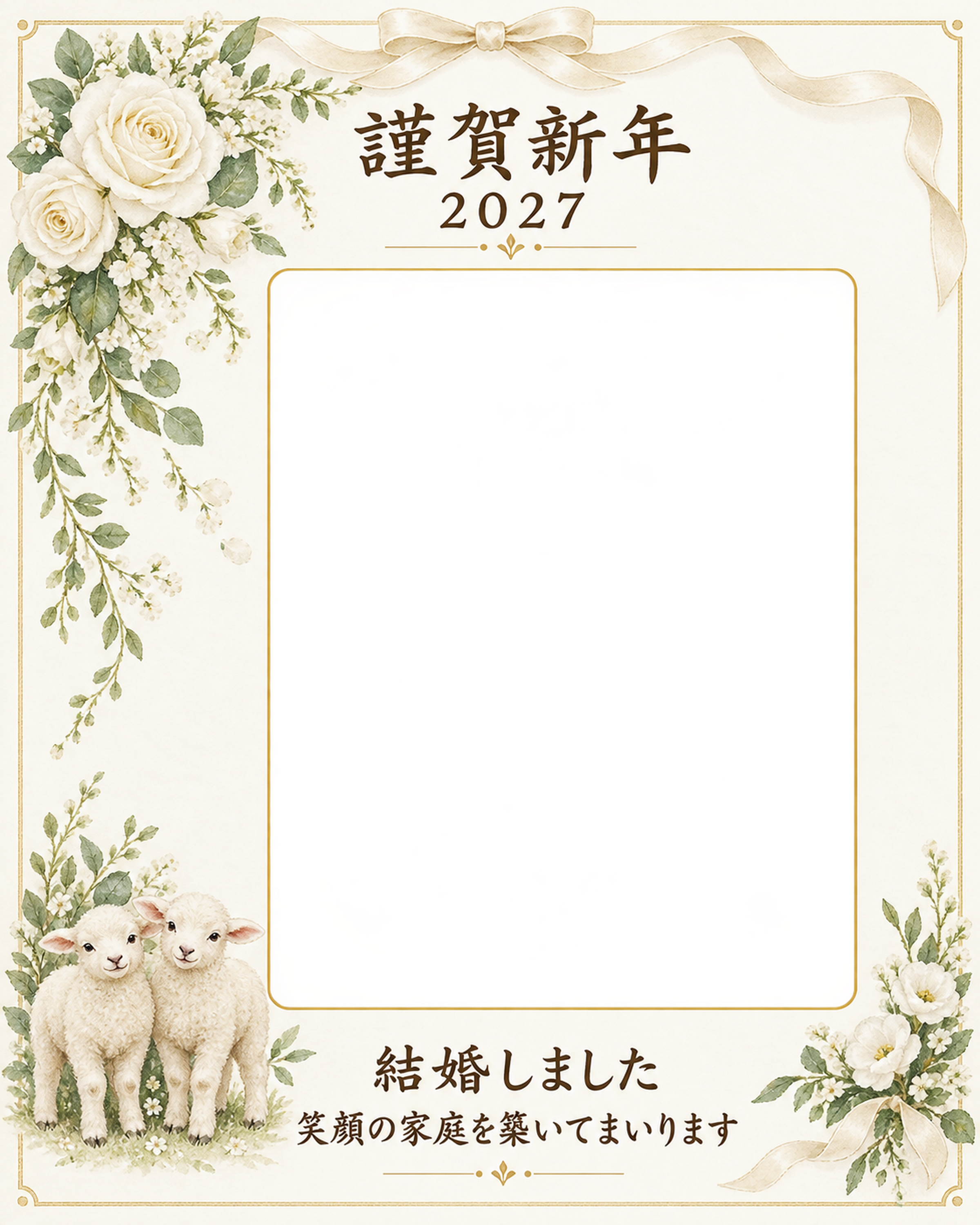 白いバラの縦写真年賀状｜大人の無料イラスト素材 98901に写真・文字を入れる