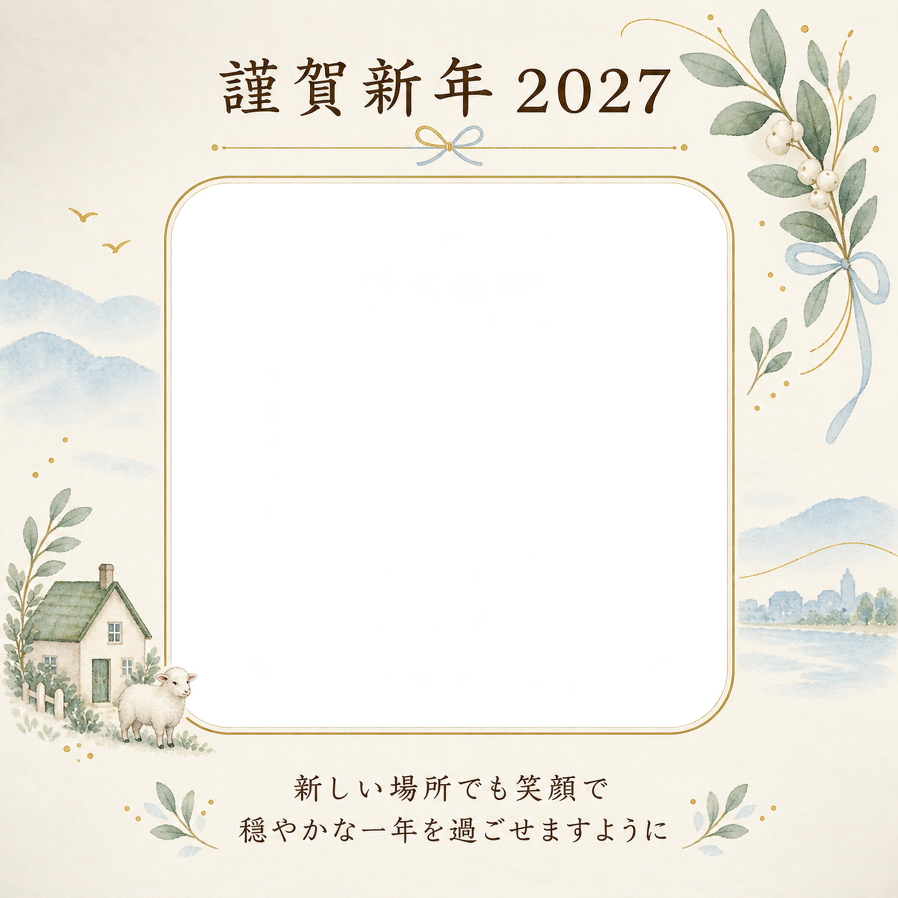 家のかたちと新年の写真の写真年賀状｜大人の無料イラスト素材 98908に写真・文字を入れる