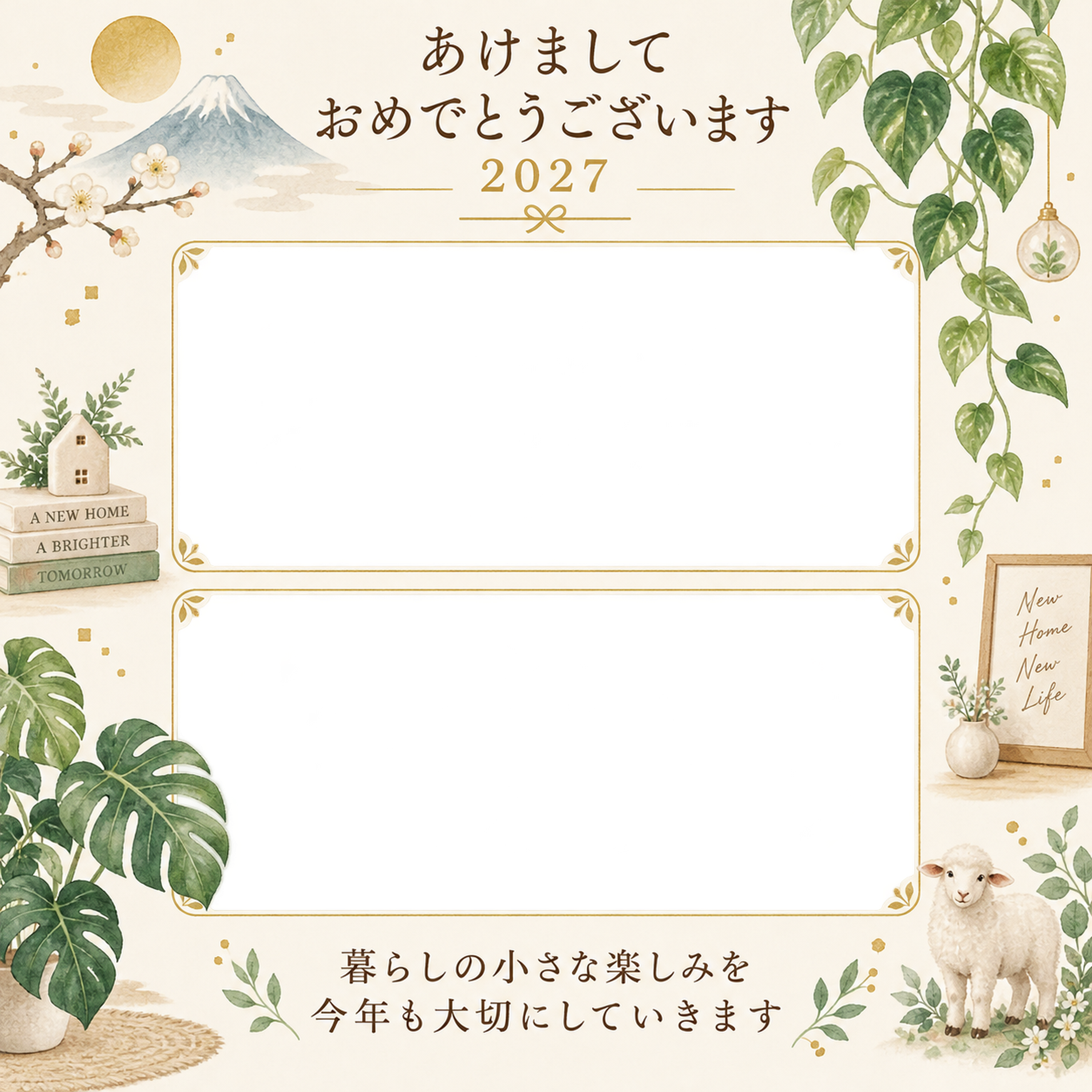 観葉植物と暮らしの二枚の写真年賀状｜大人の無料イラスト素材 98909に写真・文字を入れる