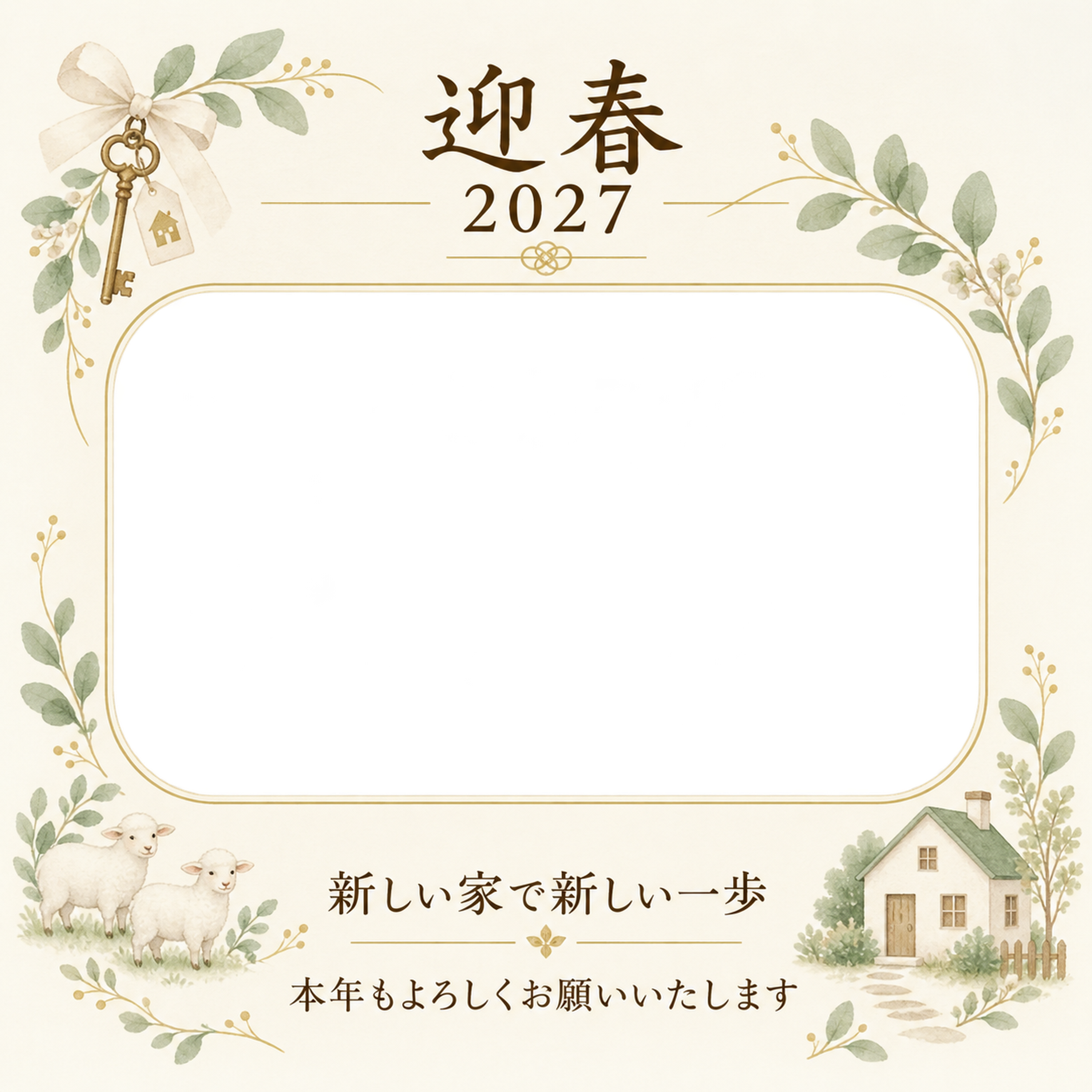 鍵と新居の記念写真の写真年賀状｜大人の無料イラスト素材 98910に写真・文字を入れる