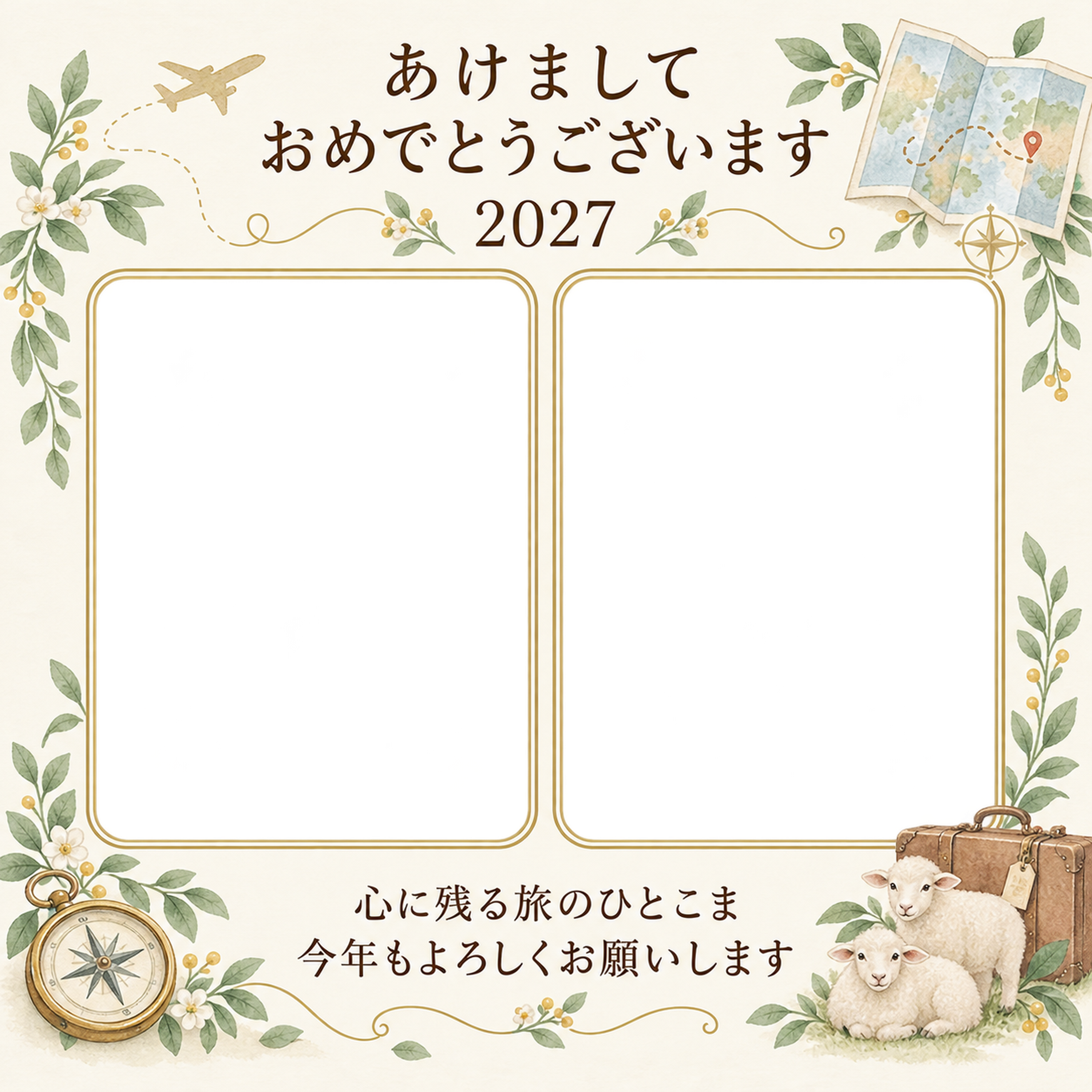 地図とふたりの旅の写真年賀状｜大人の無料イラスト素材 98920に写真・文字を入れる