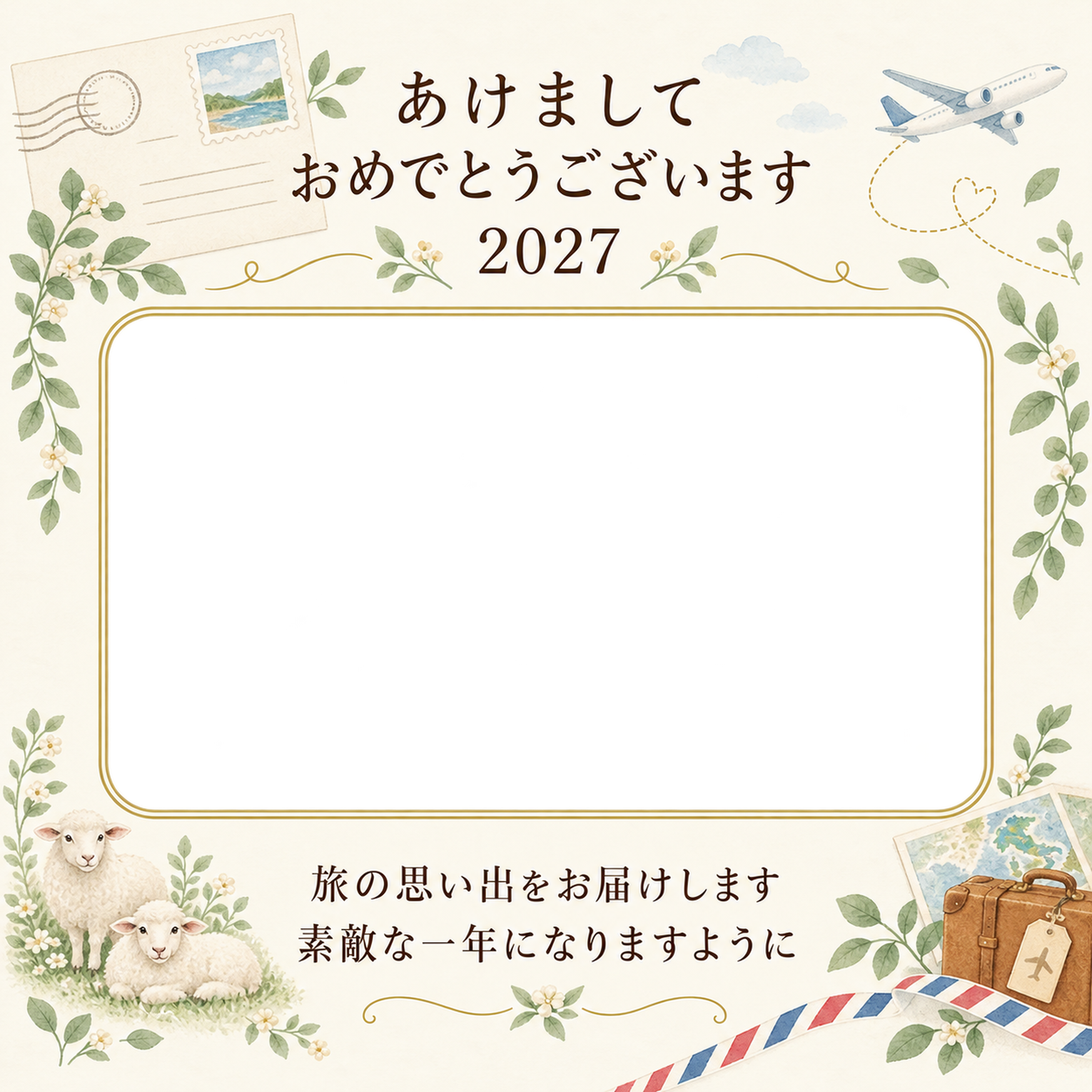 絵はがきの思い出の写真年賀状｜大人の無料イラスト素材 98921に写真・文字を入れる