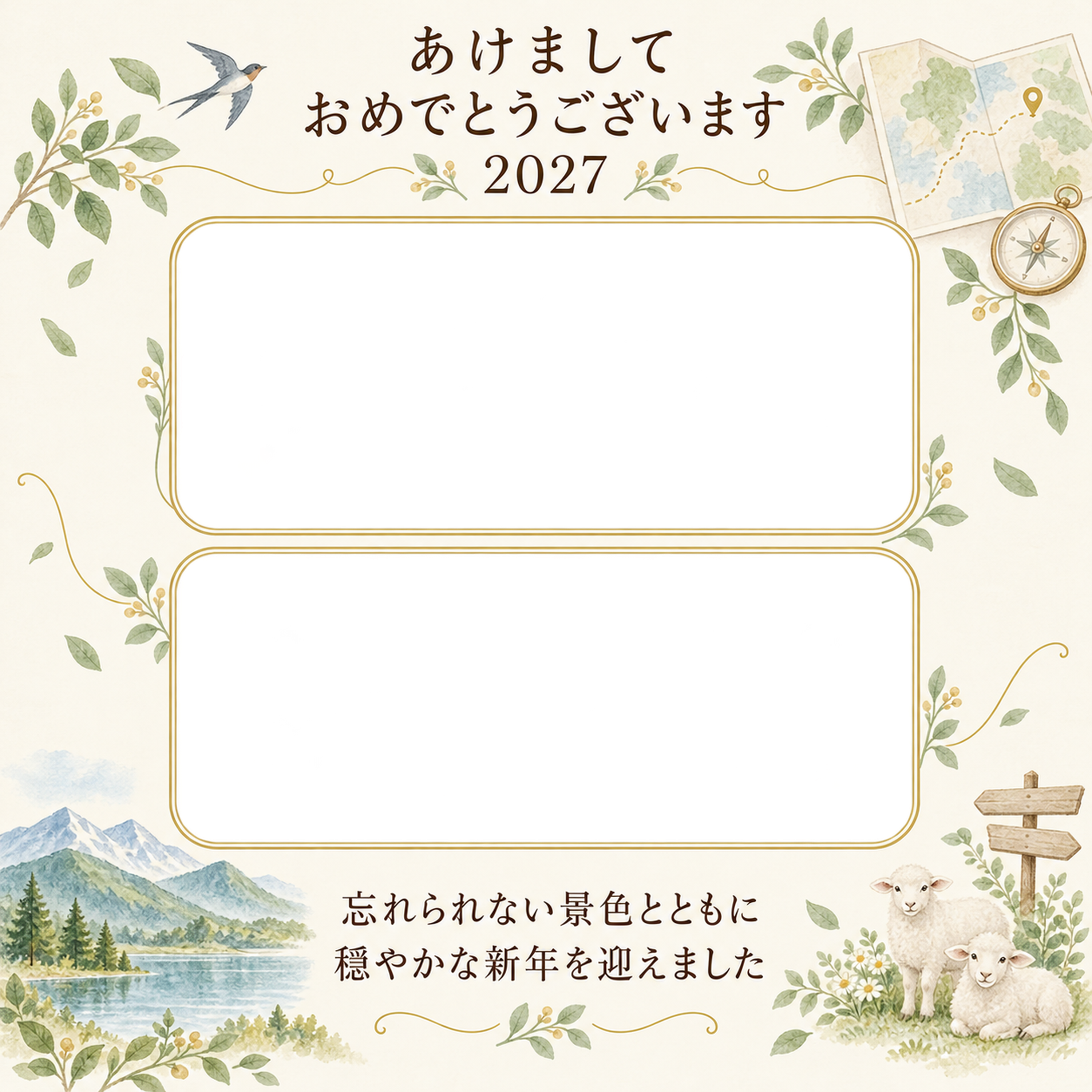 山と湖の旅アルバムの写真年賀状｜大人の無料イラスト素材 98922に写真・文字を入れる