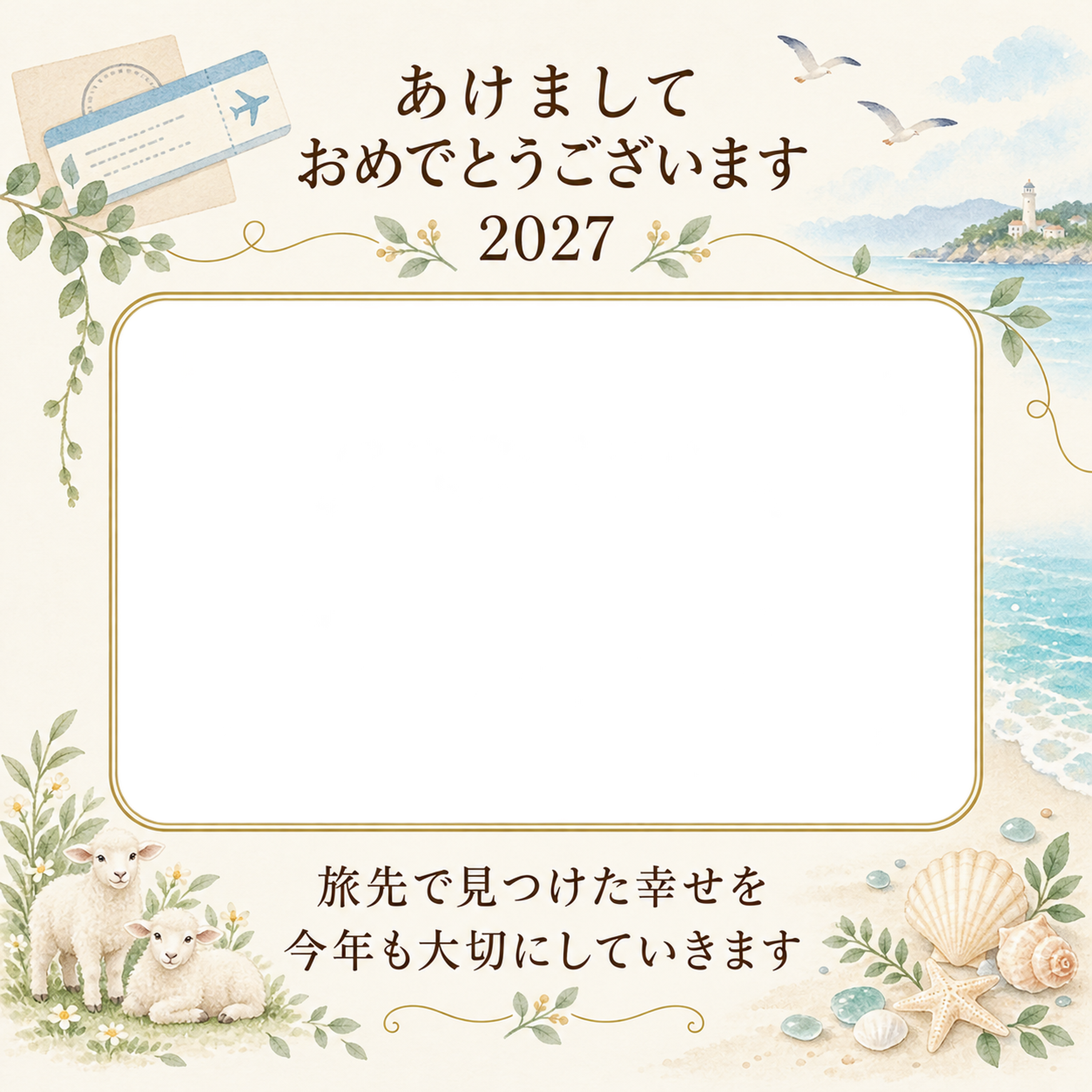 海辺で過ごした休日の写真年賀状｜大人の無料イラスト素材 98923に写真・文字を入れる